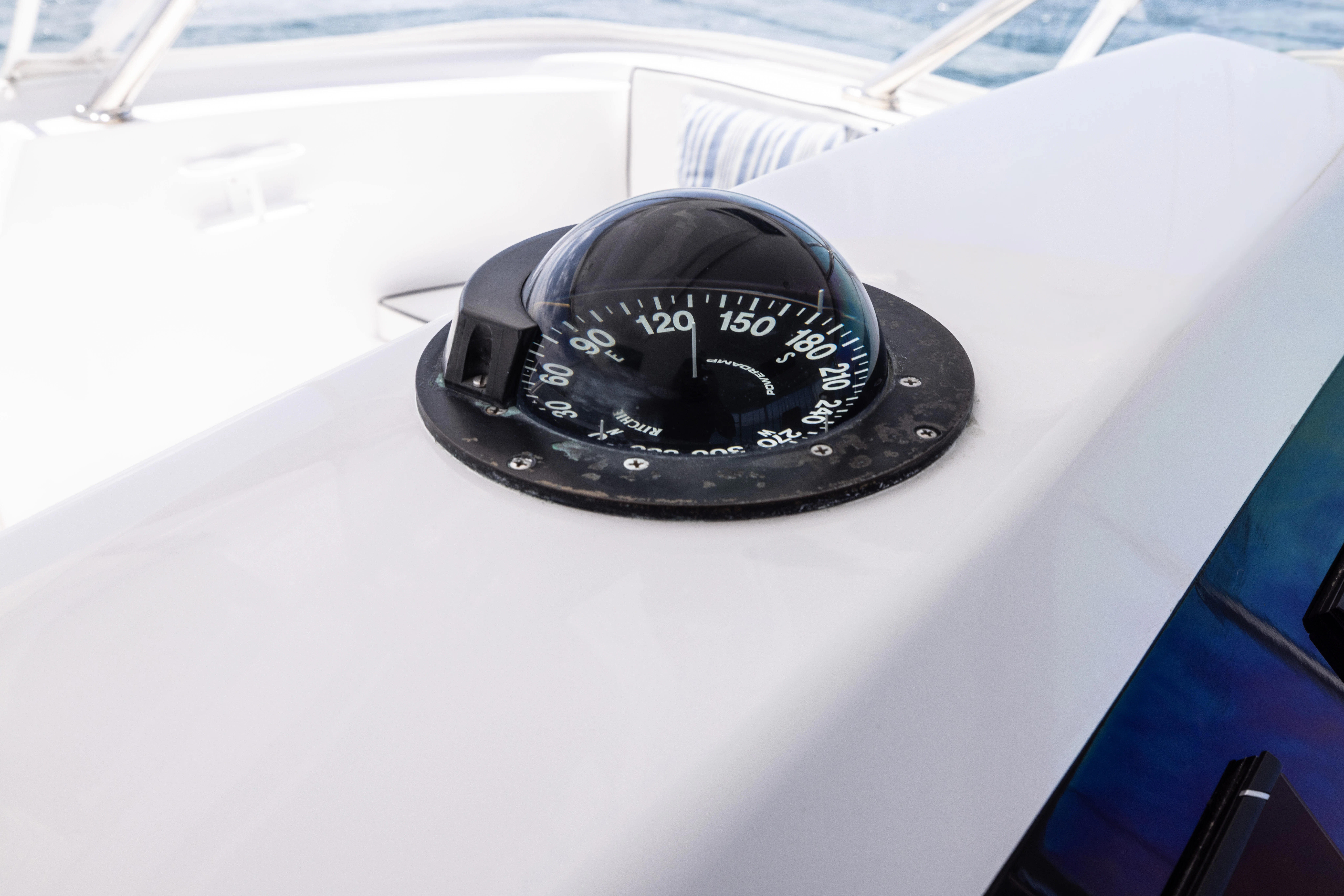 a black circular object on a white surface aboard ANEJO Yacht for Sale
