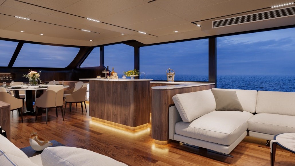 a living room with a large window aboard ALLEGRO FLYBRIDGE 82 MODEL-X Yacht for Sale