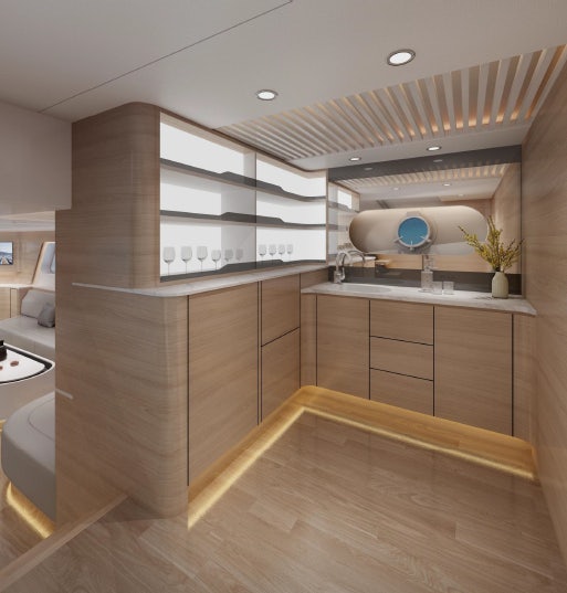 a kitchen with wooden cabinets aboard ALLEGRO FLYBRIDGE 82 MODEL-X Yacht for Sale