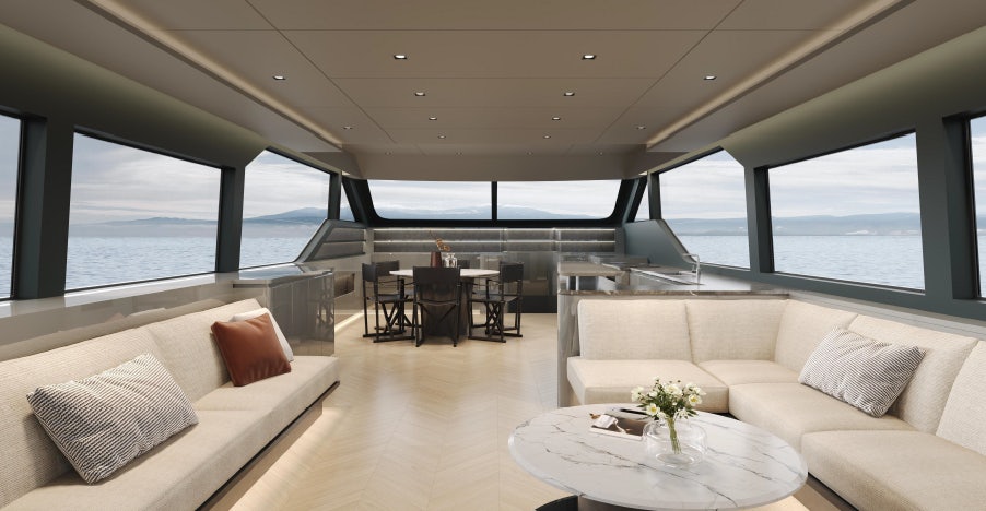 a room with a couch and a table and chairs aboard ALLEGRO FLYBRIDGE 82 MODEL-X Yacht for Sale