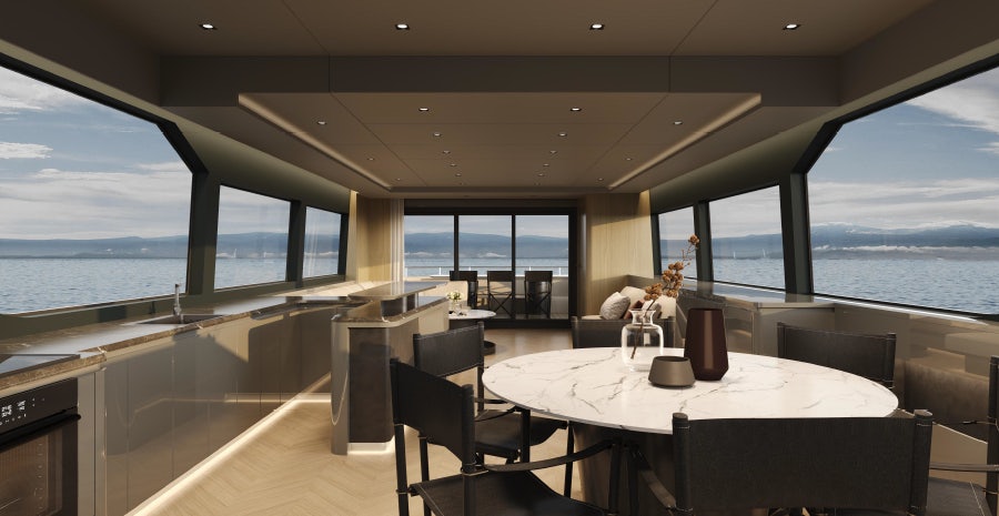 a room with a table and chairs aboard ALLEGRO FLYBRIDGE 82 MODEL-X Yacht for Sale