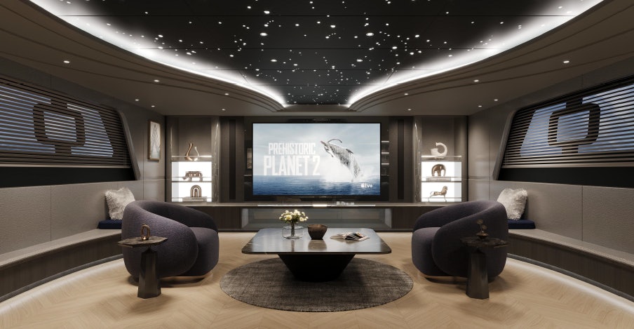 a room with a couch and a tv aboard ALLEGRO FLYBRIDGE 82 MODEL-X Yacht for Sale