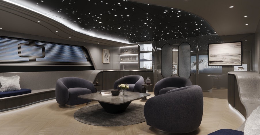 a room with a table and chairs aboard ALLEGRO FLYBRIDGE 82 MODEL-X Yacht for Sale