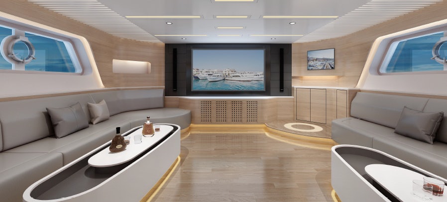 a room with a couch and a television aboard ALLEGRO FLYBRIDGE 82 MODEL-X Yacht for Sale