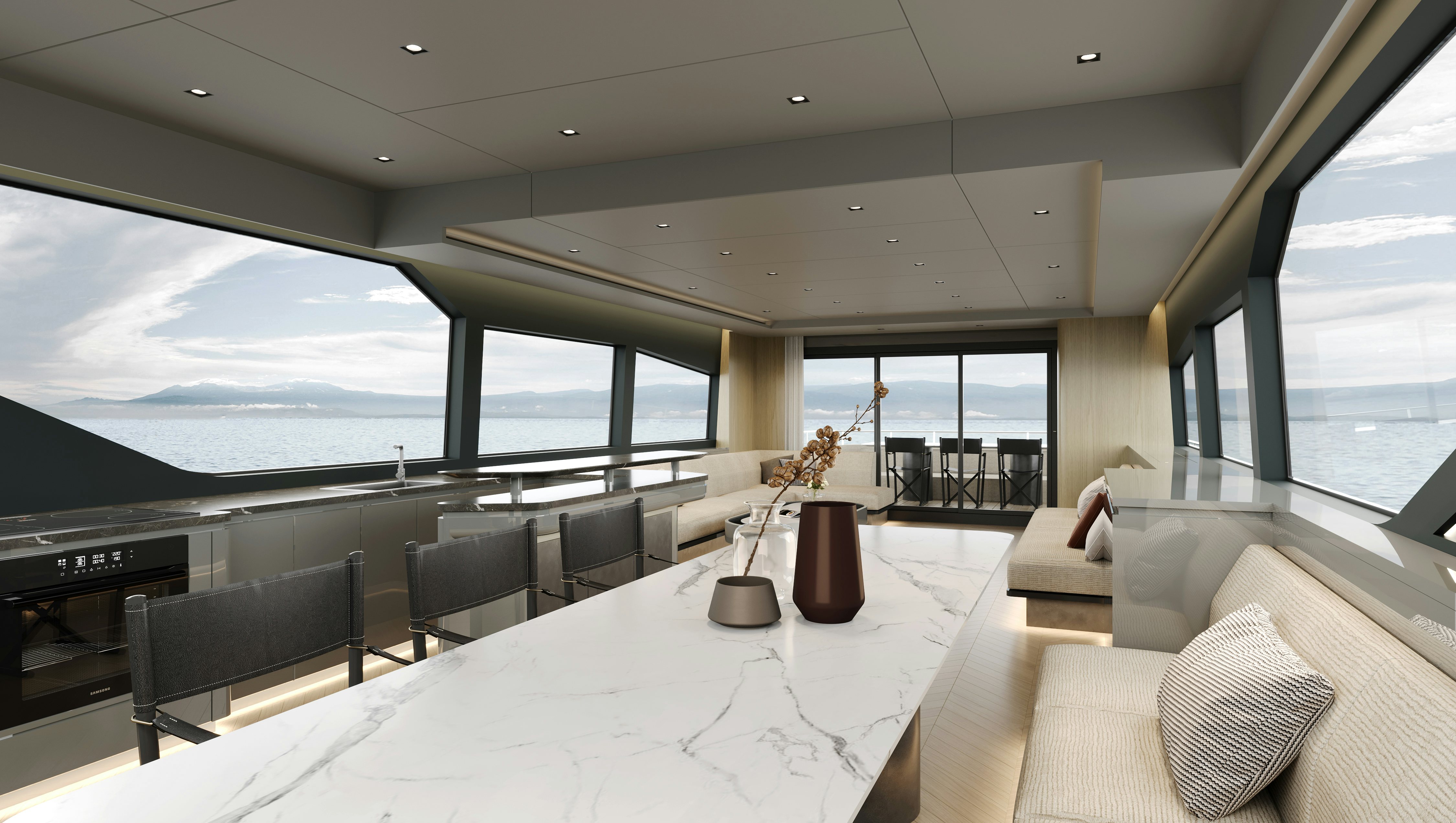 a large room with a large white table and chairs and a large window aboard ALLEGRO FLYBRIDGE 82 MODEL-X Yacht for Sale