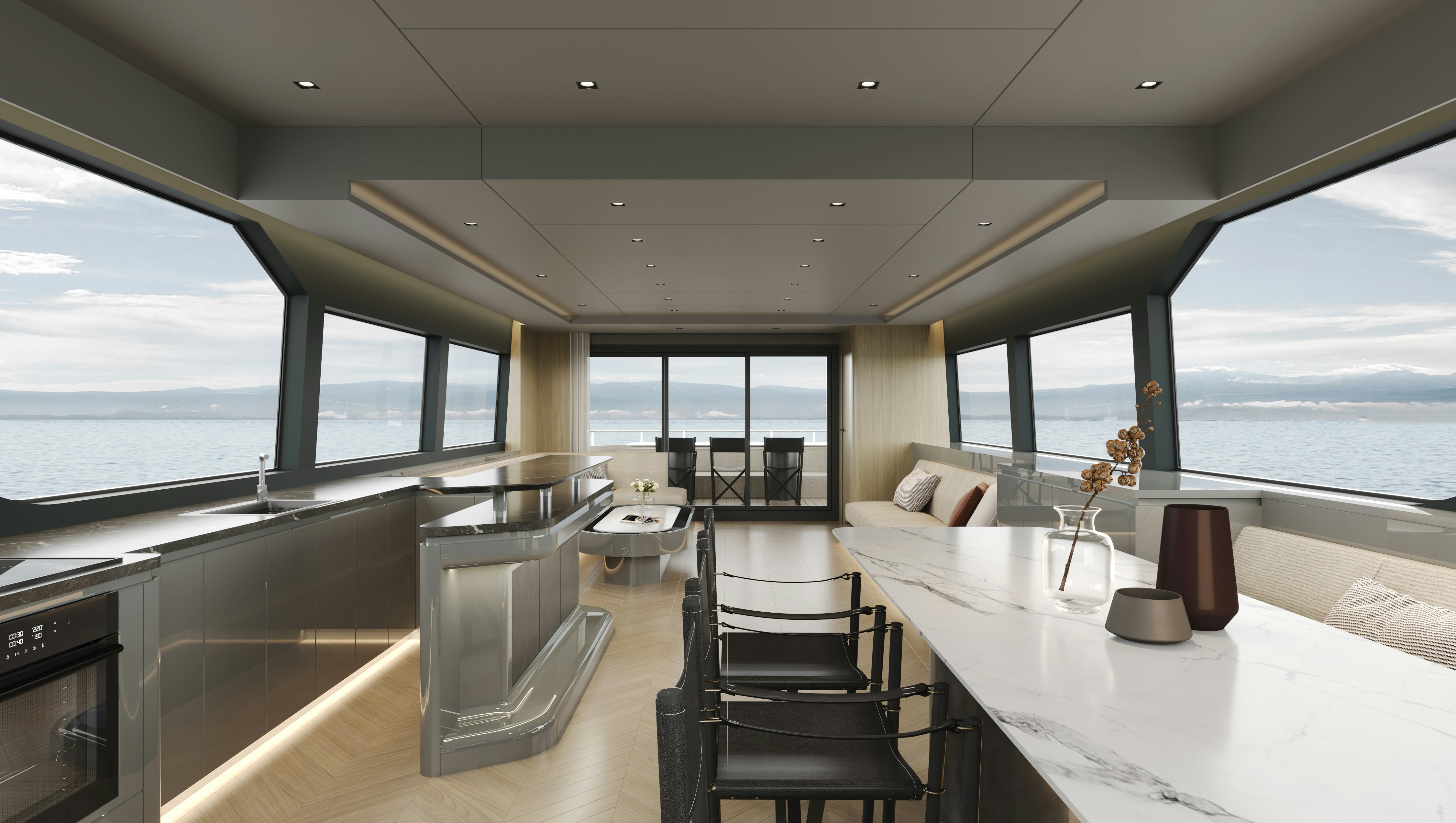 a room with a table chairs and a large window aboard ALLEGRO FLYBRIDGE 82 MODEL-X Yacht for Sale