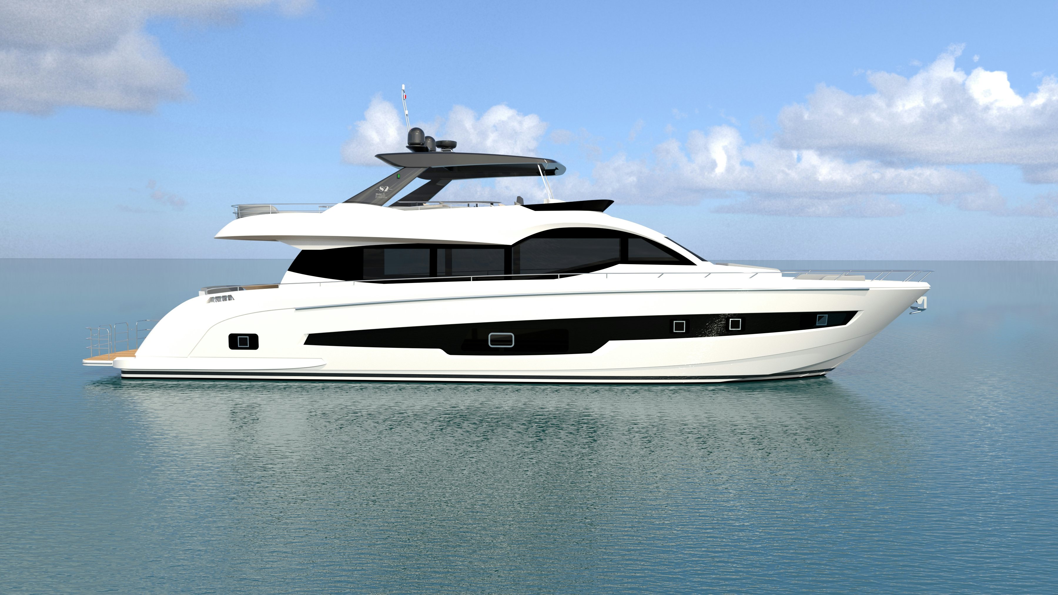 a white yacht in the water aboard ALLEGRO FLYBRIDGE 82 MODEL-X Yacht for Sale