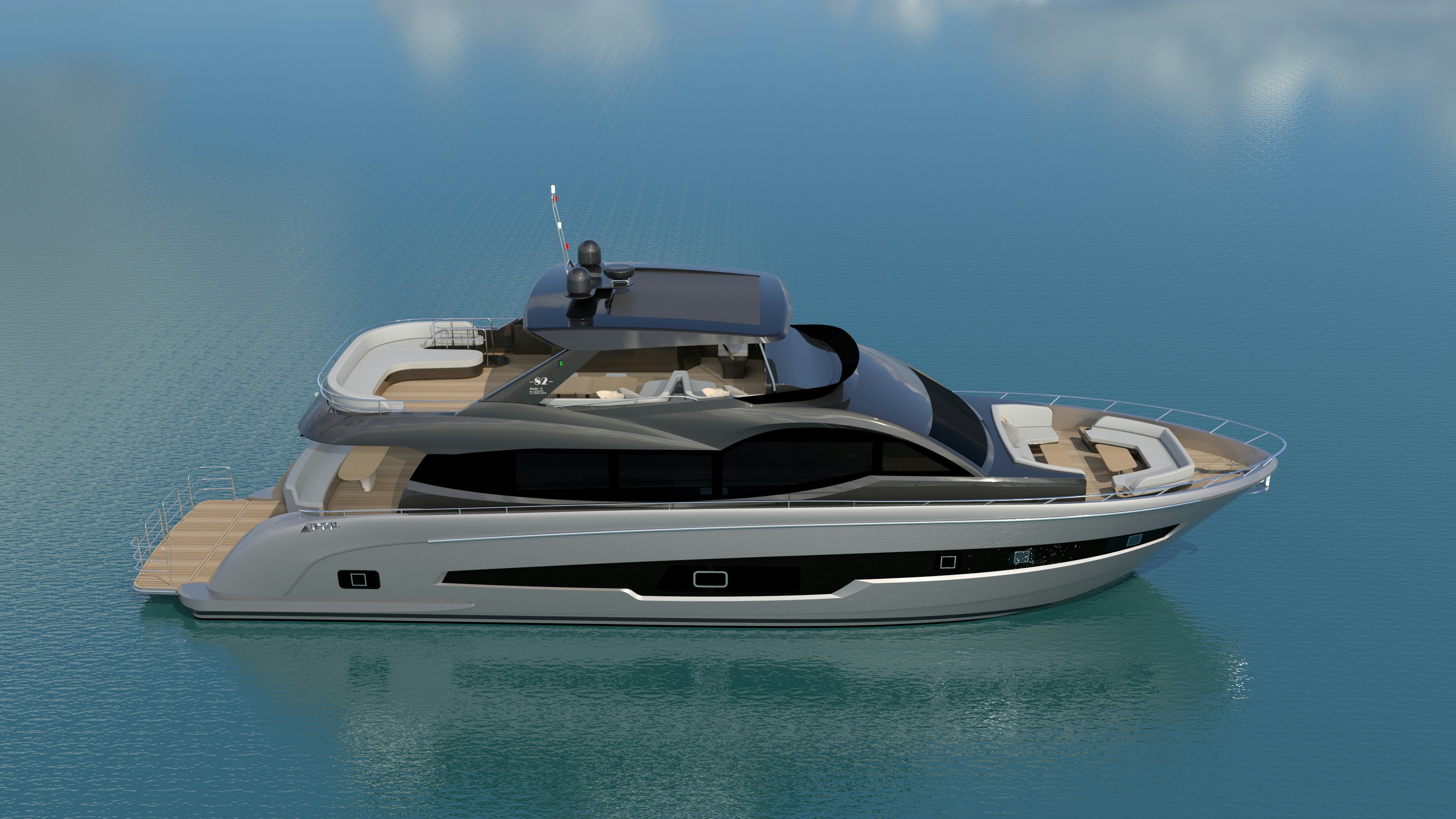 a white and black boat in the water aboard ALLEGRO FLYBRIDGE 82 MODEL-X Yacht for Sale