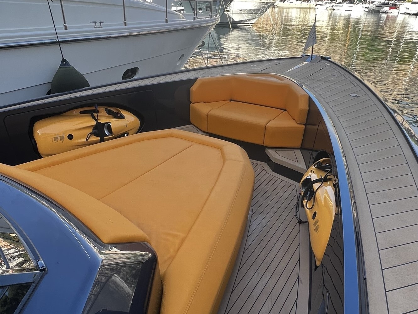 a boat with a yellow life jacket aboard MONEYPENNY Yacht for Sale