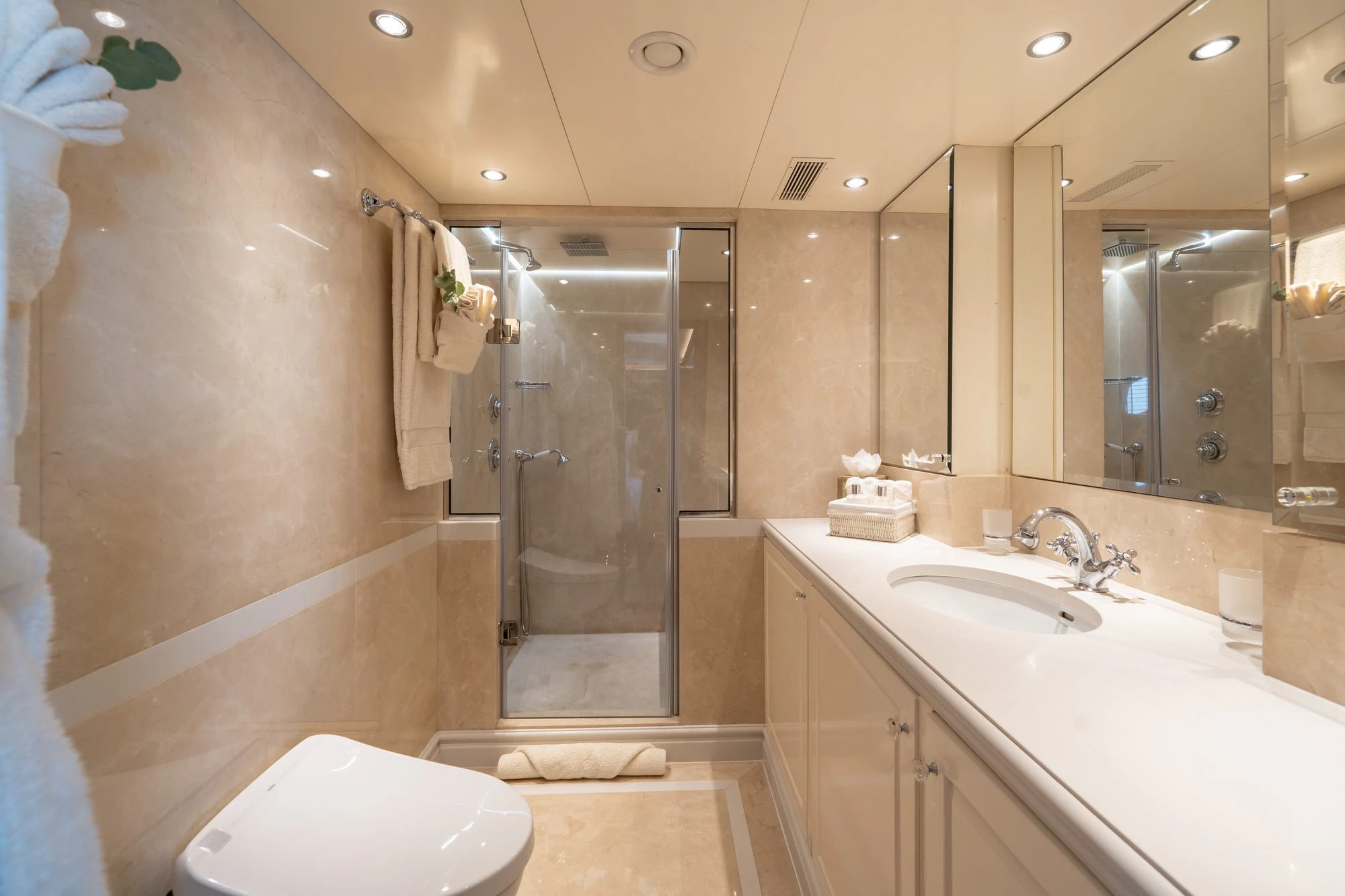 a bathroom with a shower and sink aboard ARIONAS Yacht for Charter