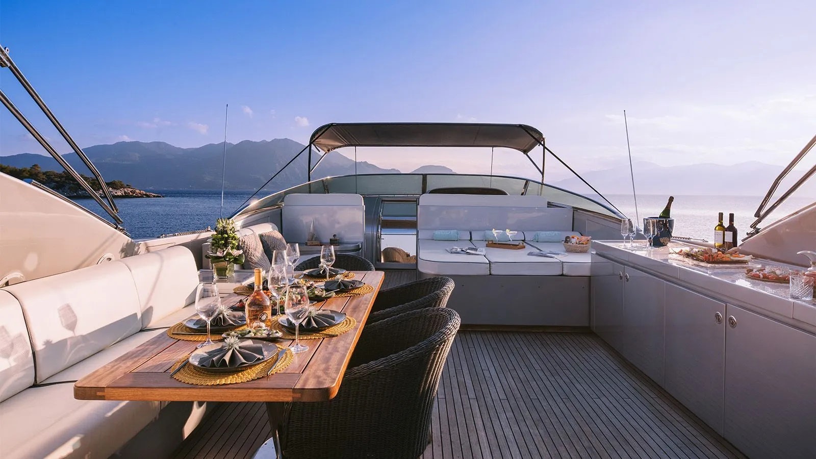 a table on a boat aboard ELVI Yacht for Charter