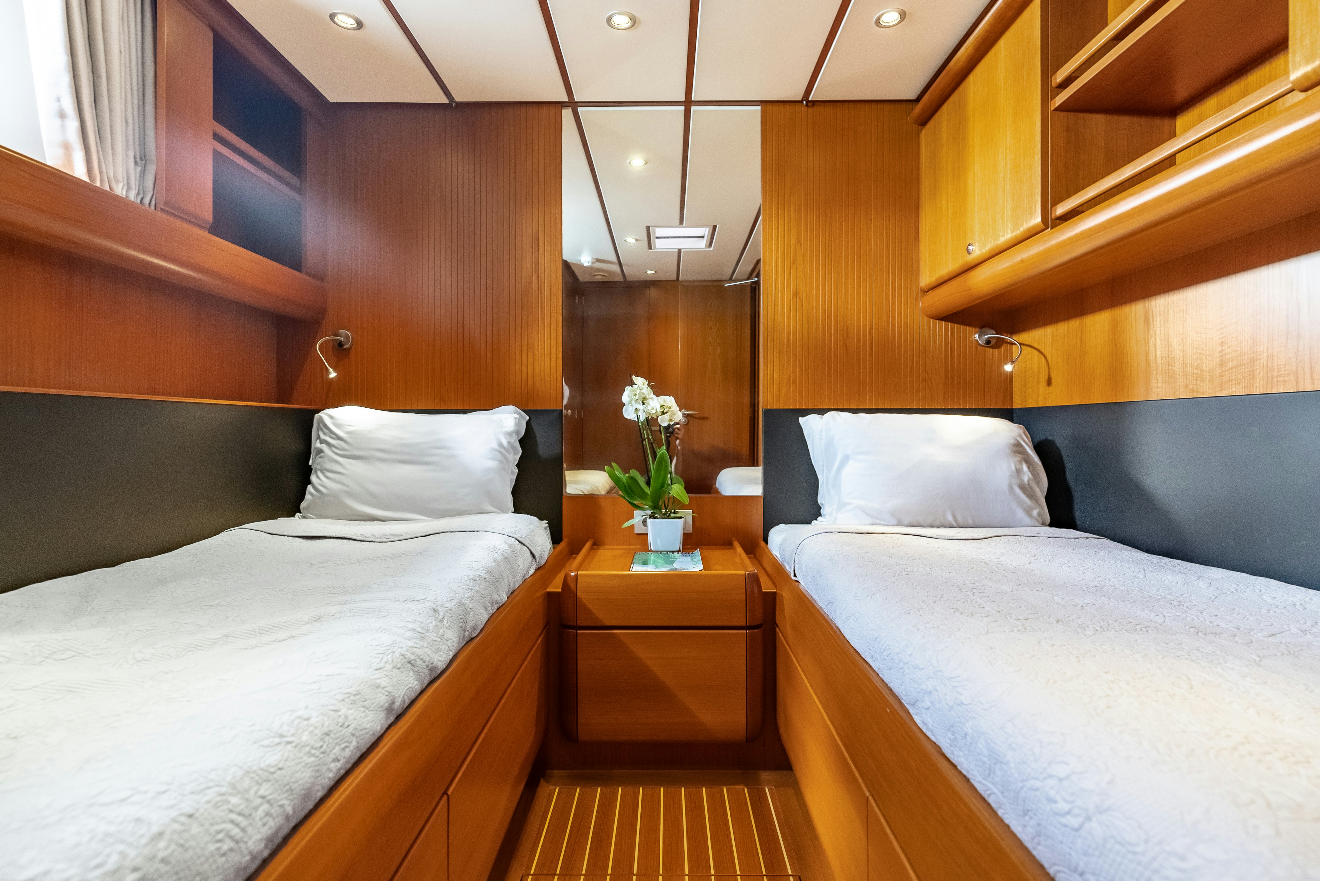 a room with two beds aboard LA JOIE DE MER Yacht for Sale