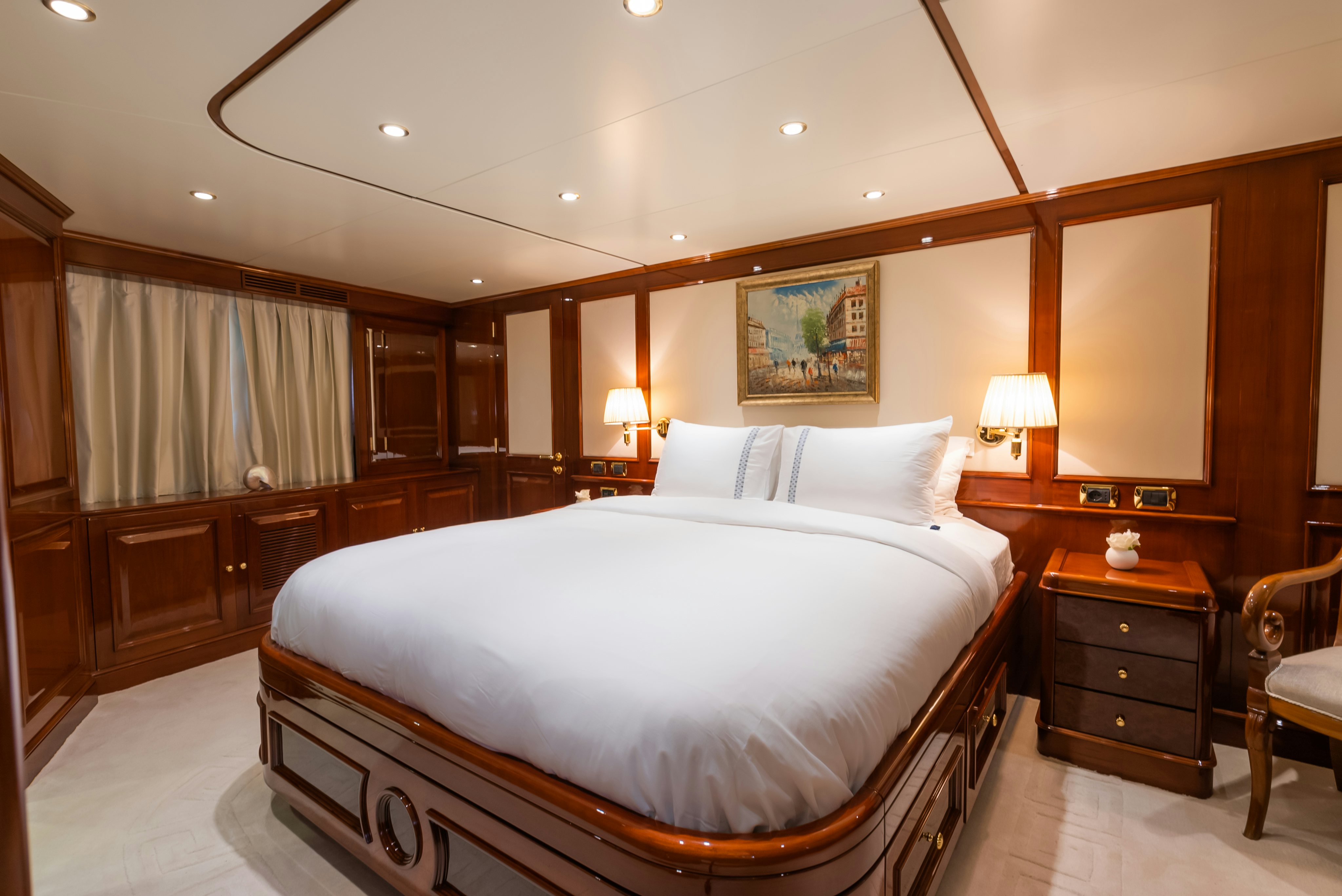 a bed in a hotel room aboard STELLA FIERA Yacht for Sale