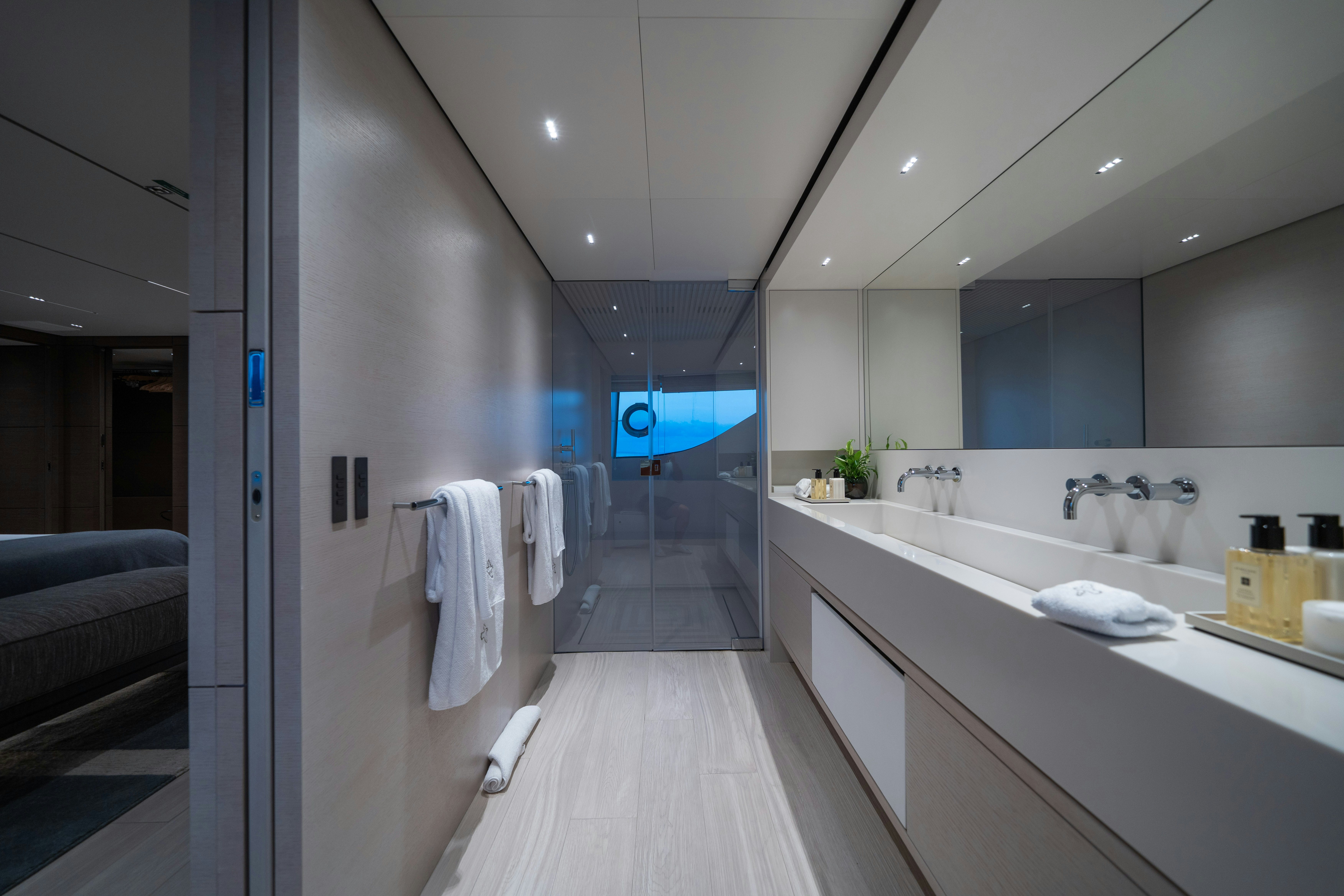 a bathroom with a large mirror aboard PALOMA Yacht for Charter