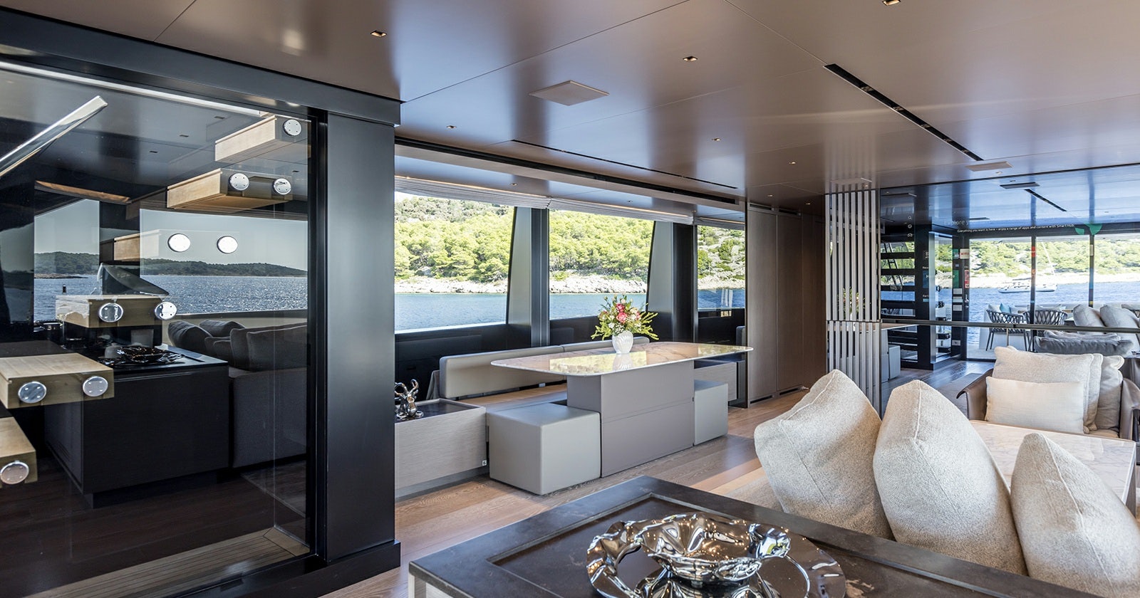 a modern looking living room aboard JICJ Yacht for Sale