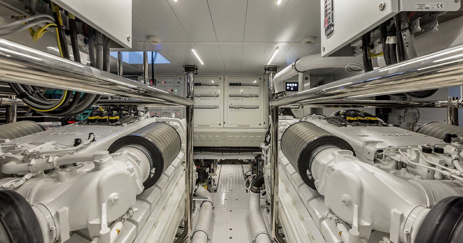 a room with white pipes aboard JICJ Yacht for Sale