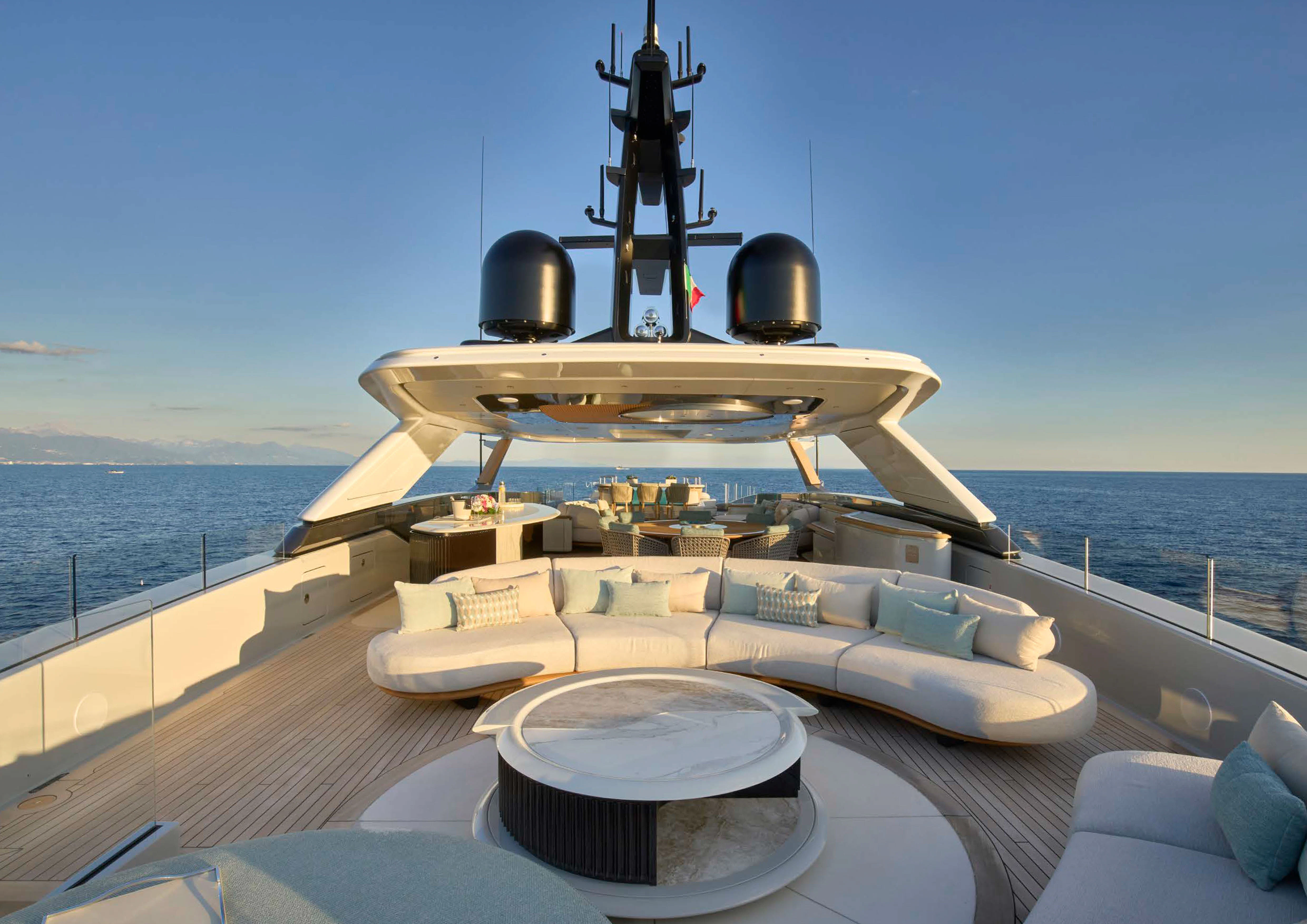 a large ship with a large satellite dish on it aboard AWANDRA Yacht for Charter