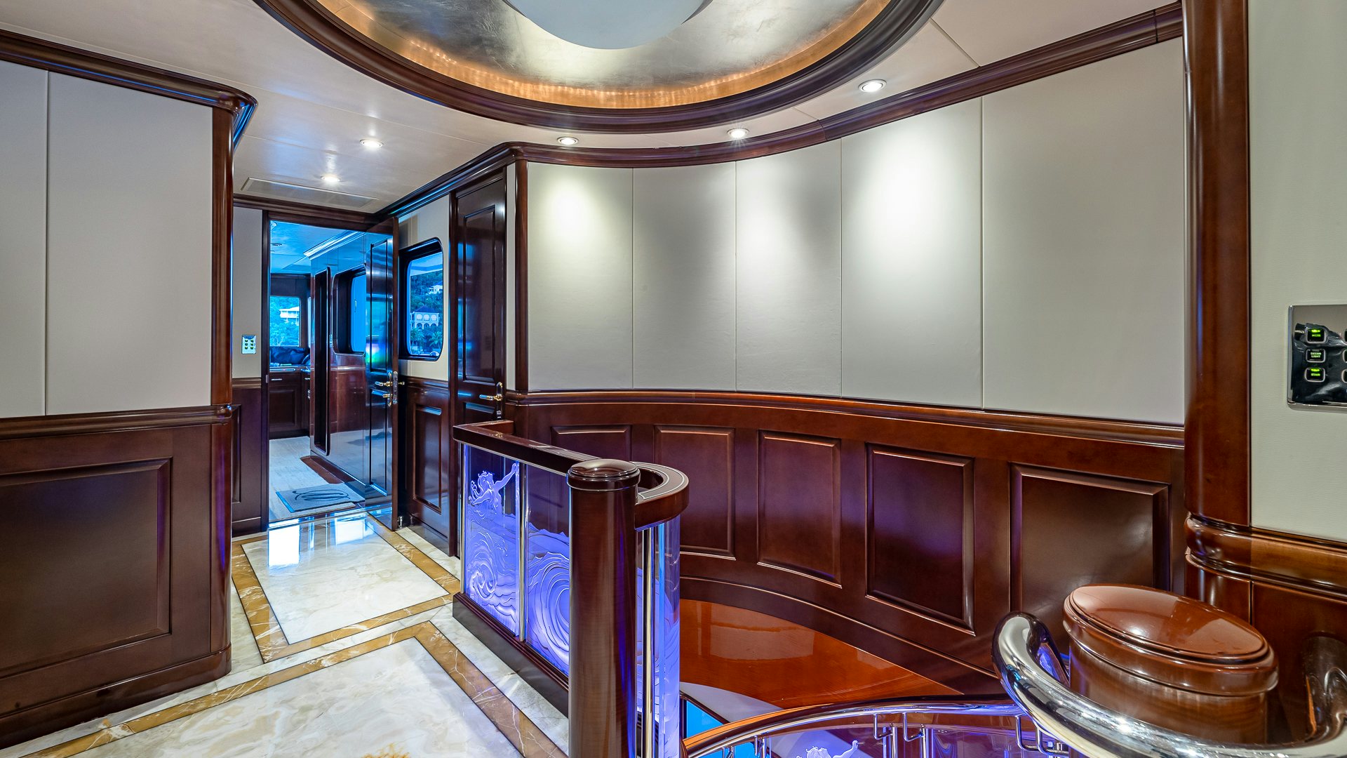 a kitchen with a large island aboard MILESTONE Yacht for Charter