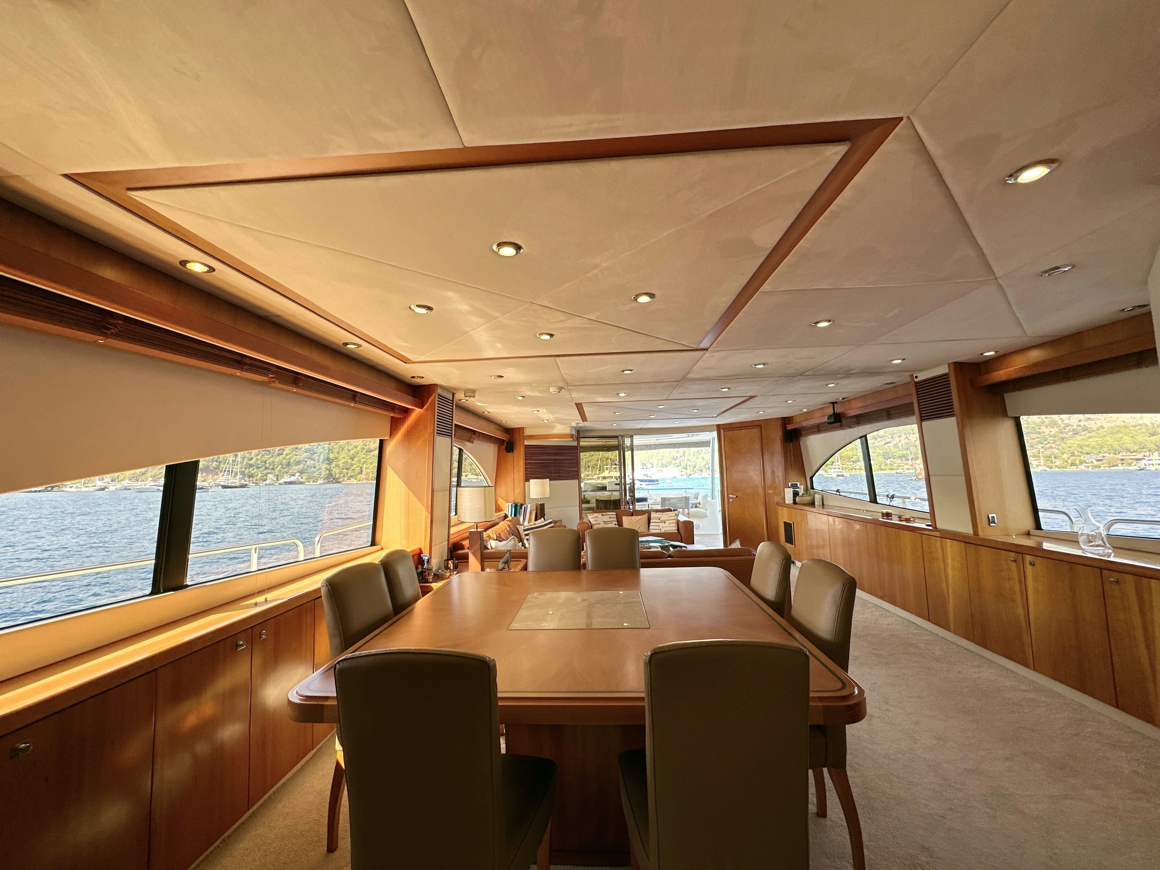 a large room with a table and chairs aboard SWORDFISH 68 Yacht for Sale