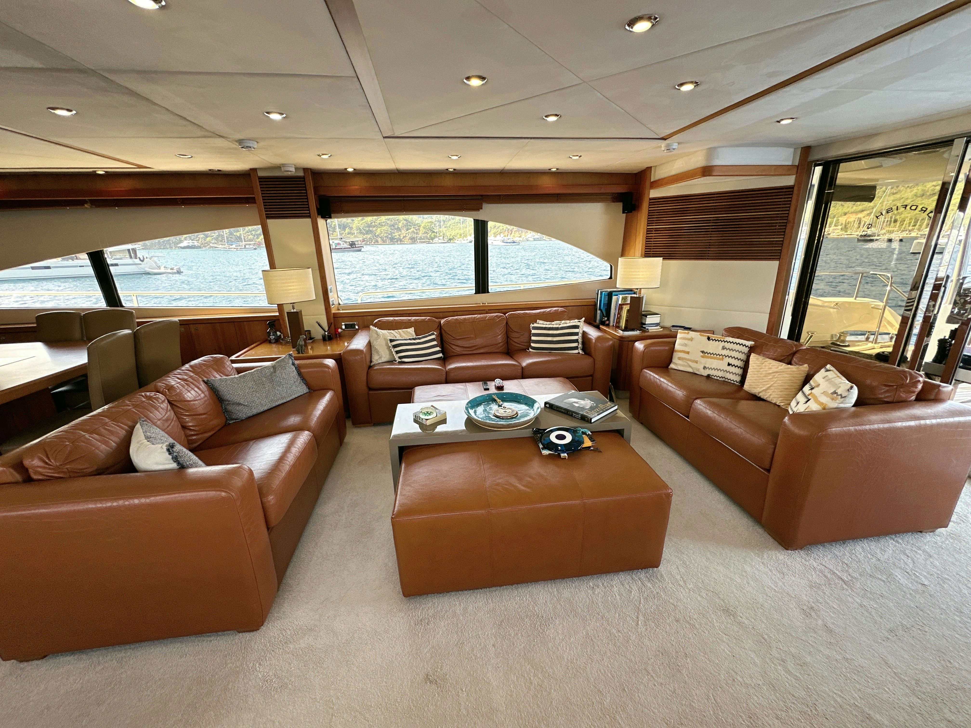 a living room with a large window aboard SWORDFISH 68 Yacht for Sale