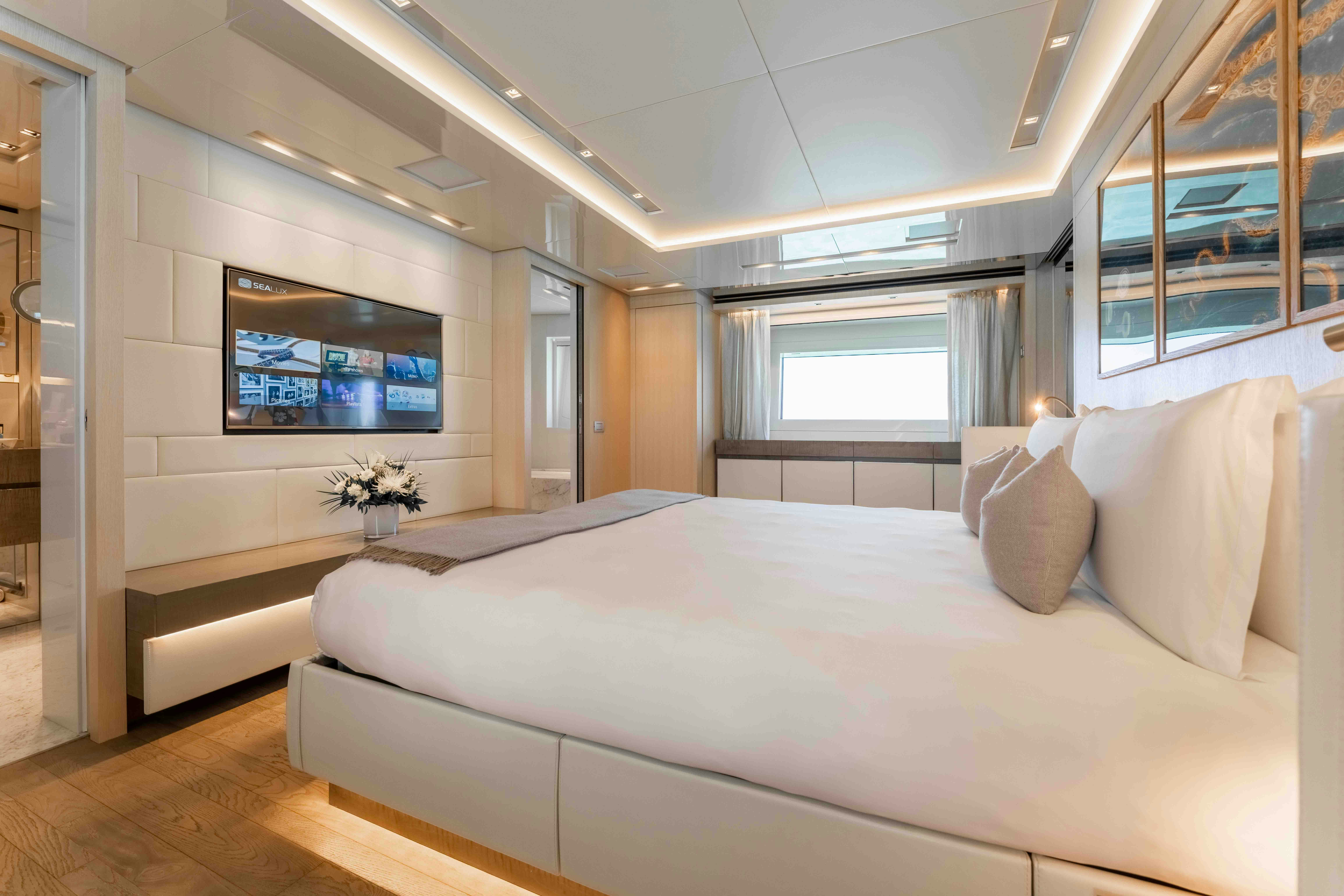 a bed in a room aboard PREMURA Yacht for Charter