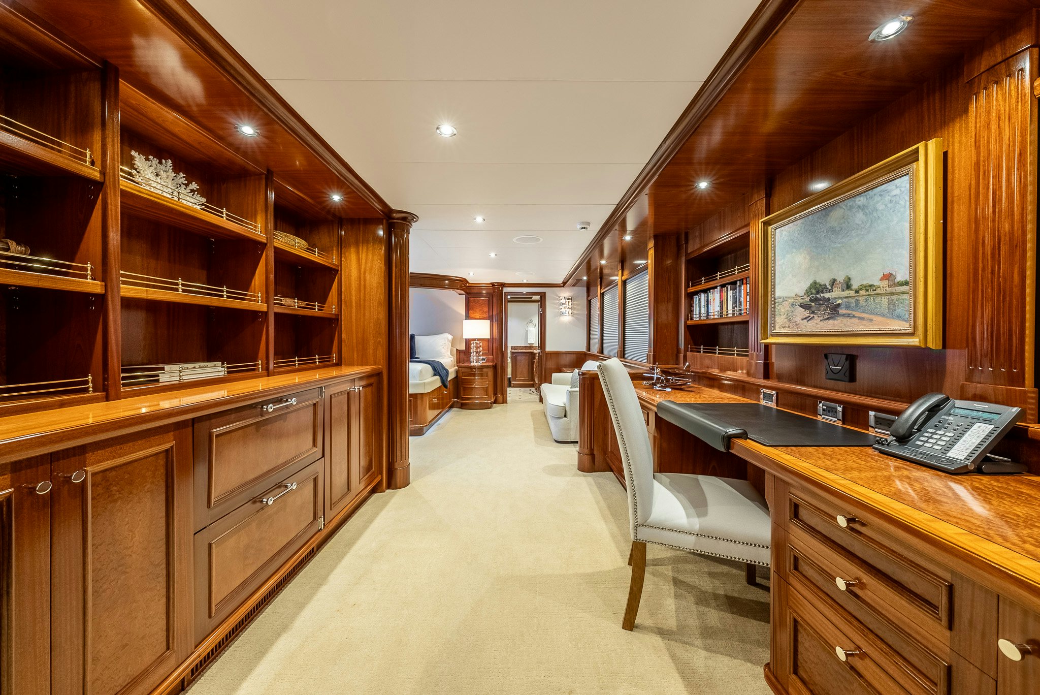 a room with a desk and a tv aboard CALLIOPE Yacht for Sale