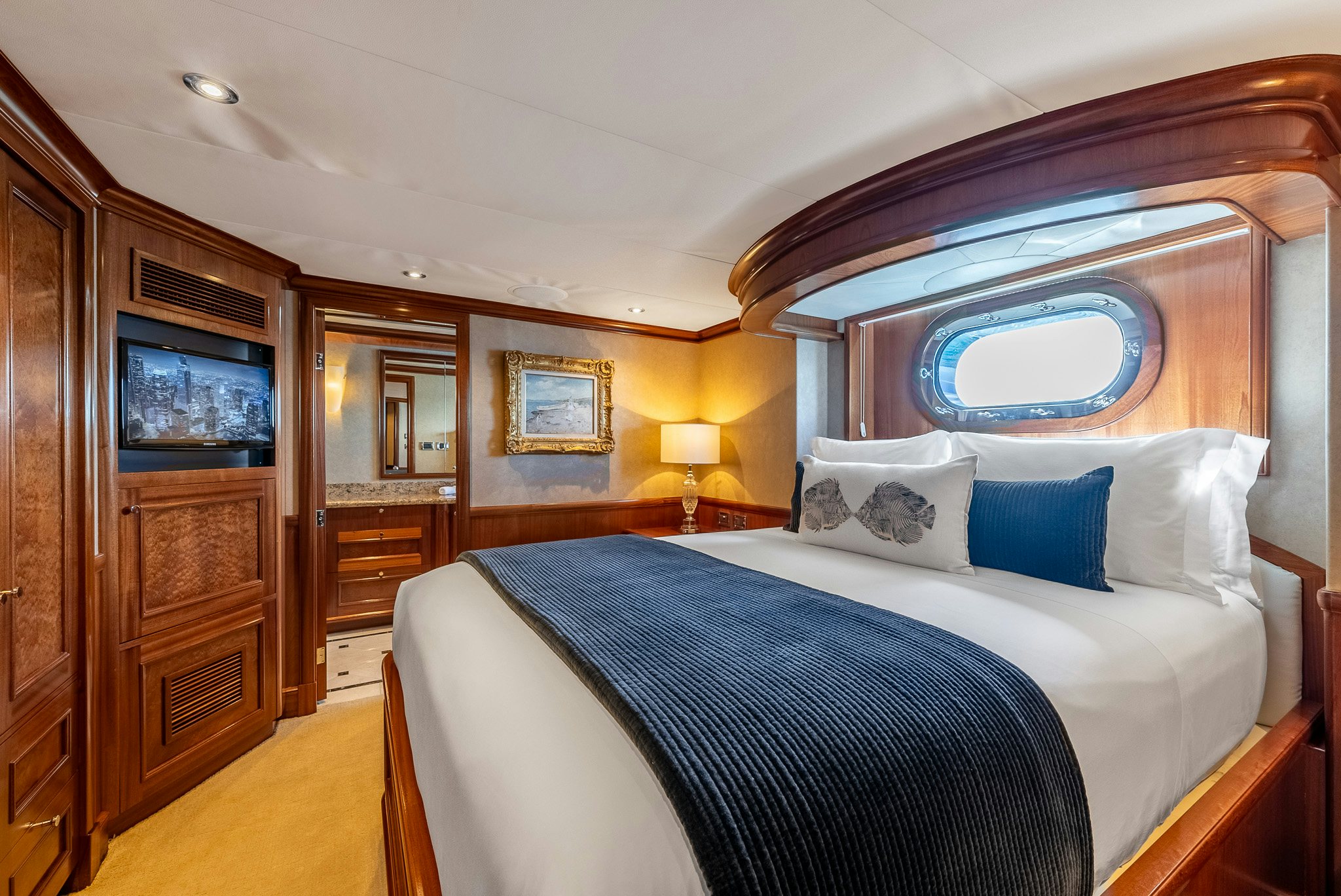 a bed in a room aboard CALLIOPE Yacht for Sale
