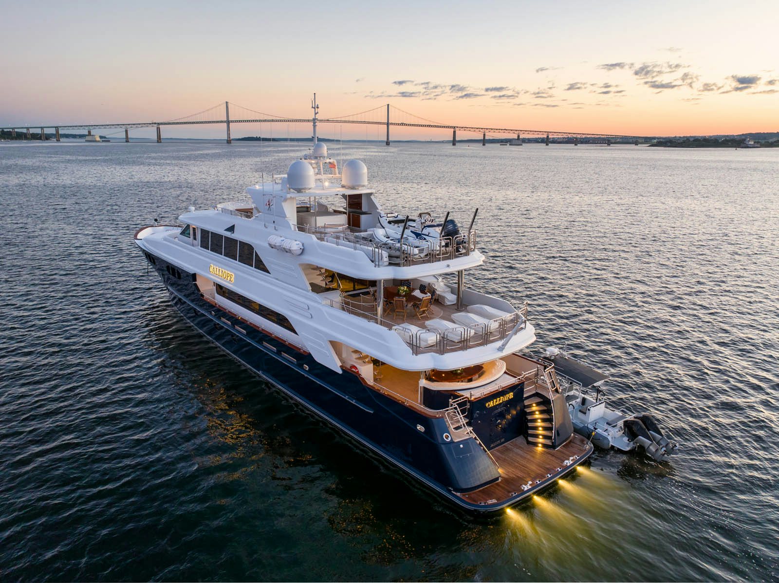 a large ship in the water aboard CALLIOPE Yacht for Sale