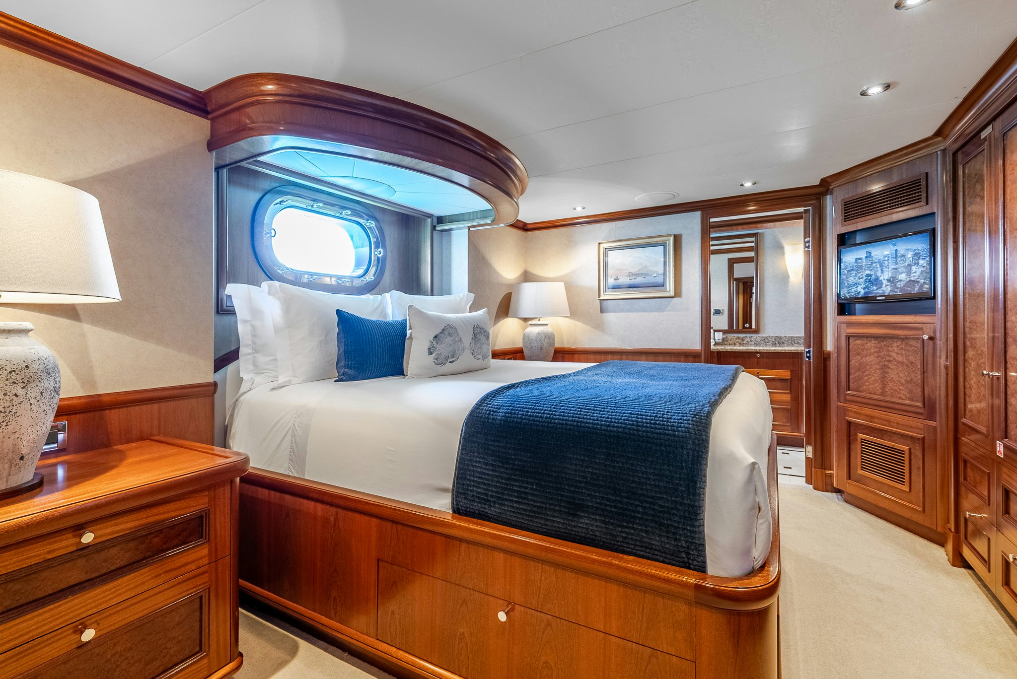 a bed in a room aboard CALLIOPE Yacht for Sale