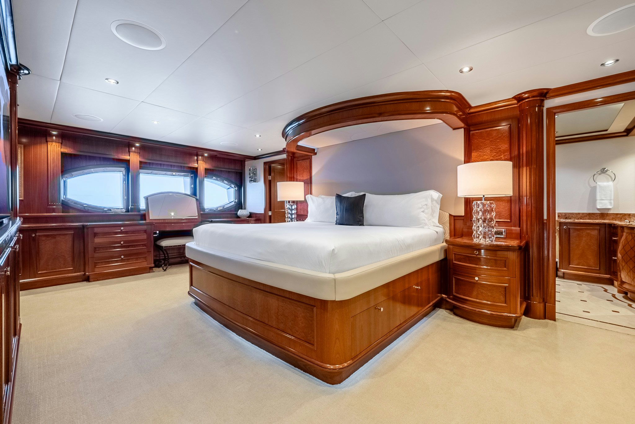 a large bedroom with a large bed aboard CALLIOPE Yacht for Sale