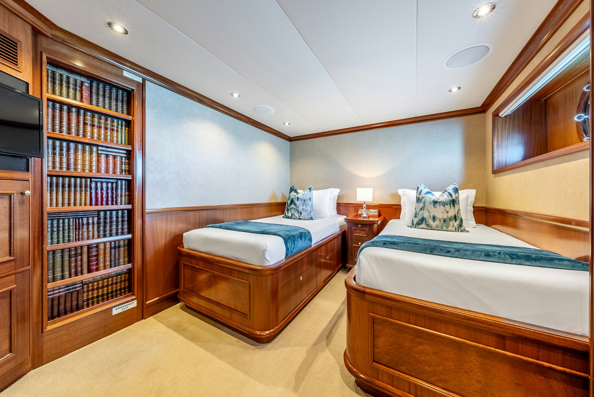 a couple of beds in a room aboard CALLIOPE Yacht for Sale