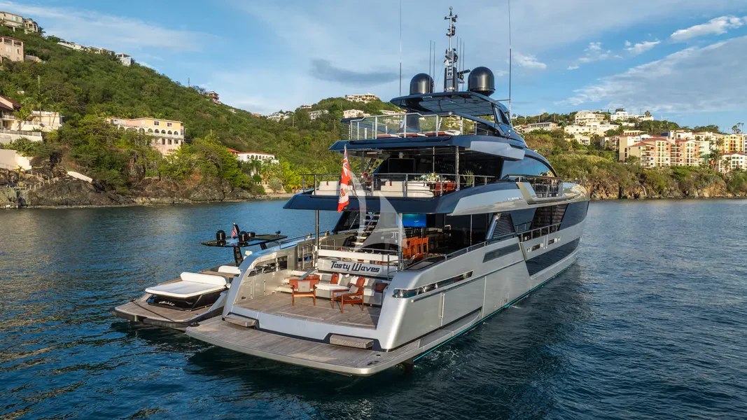 a large boat is sailing in the water aboard TASTY WAVES Yacht for Charter