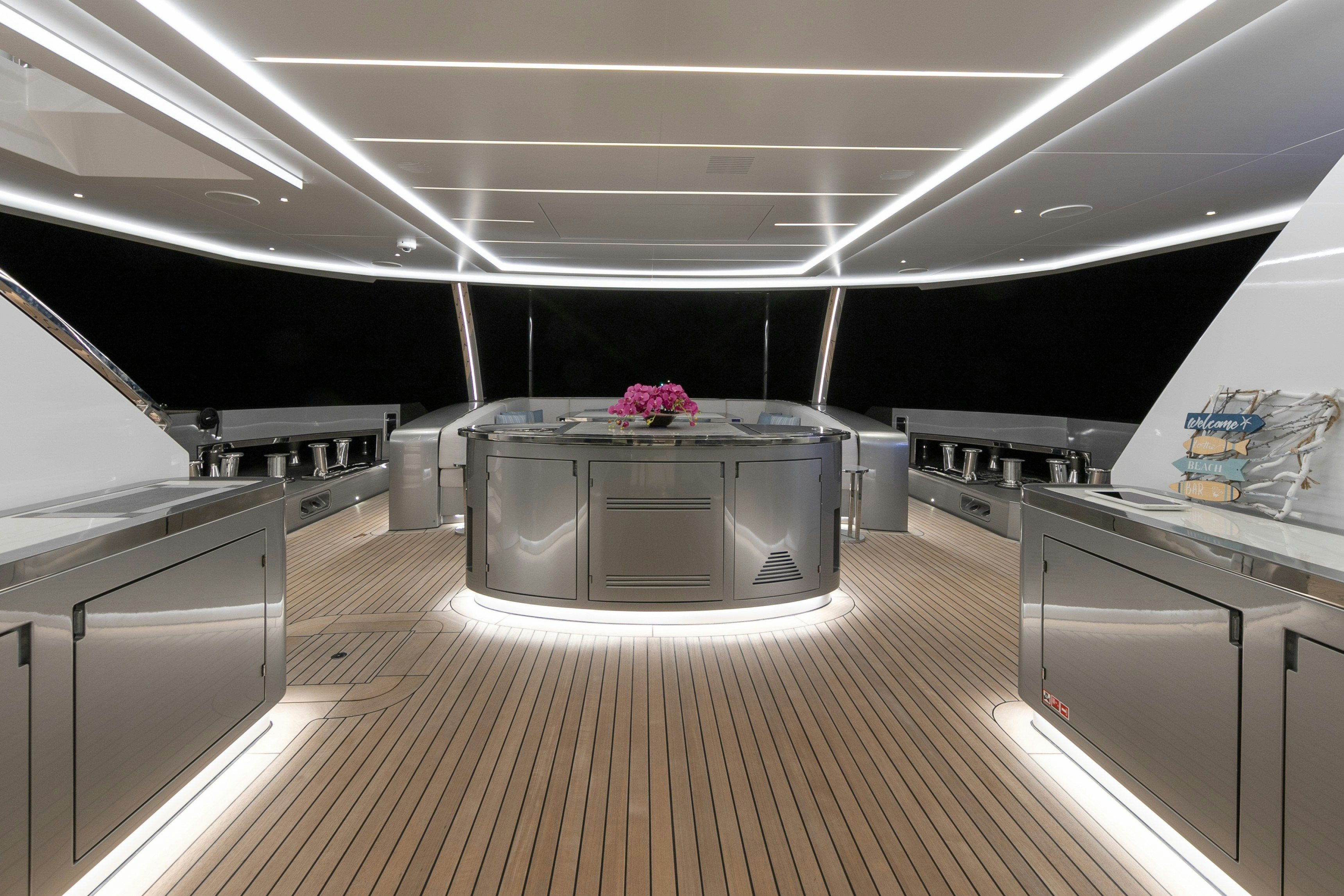 a large kitchen with a large island aboard EIV Yacht for Sale