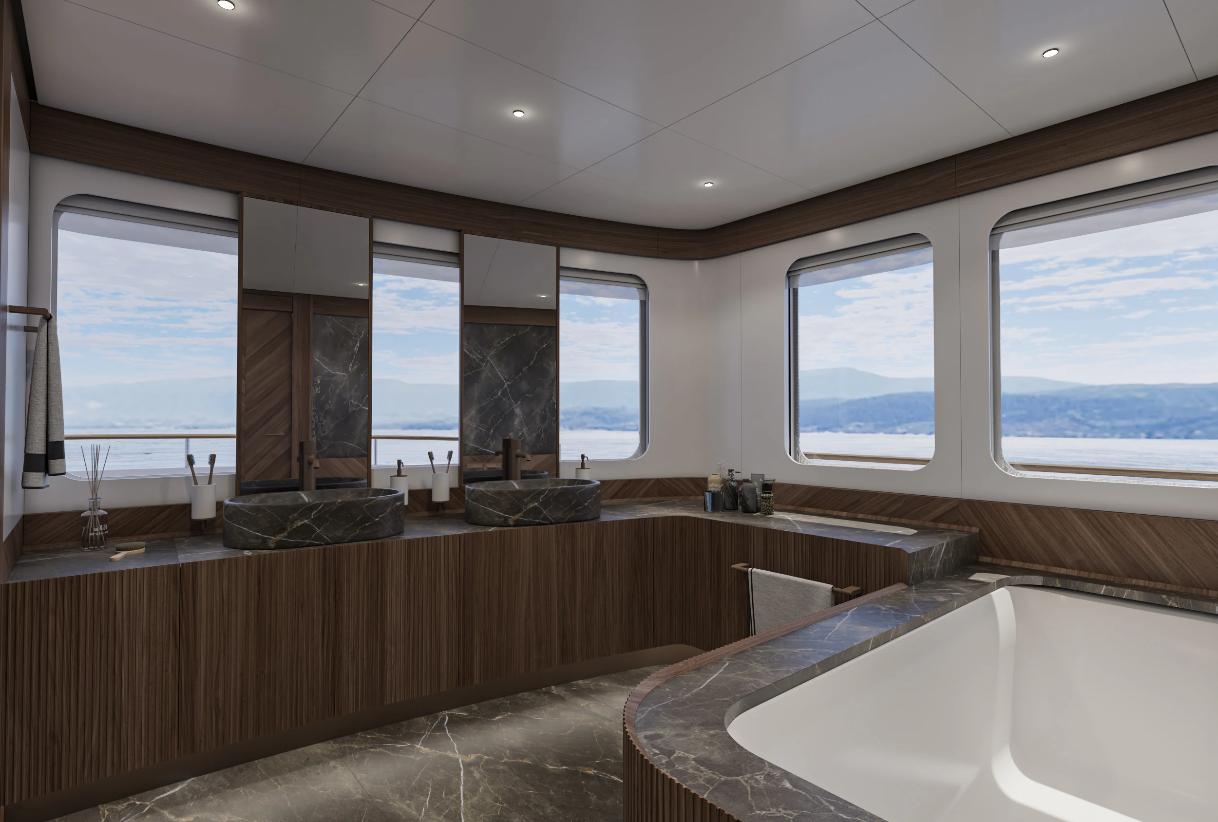 a large bathroom with a large tub aboard NUMARINE 39MXPC Yacht for Sale