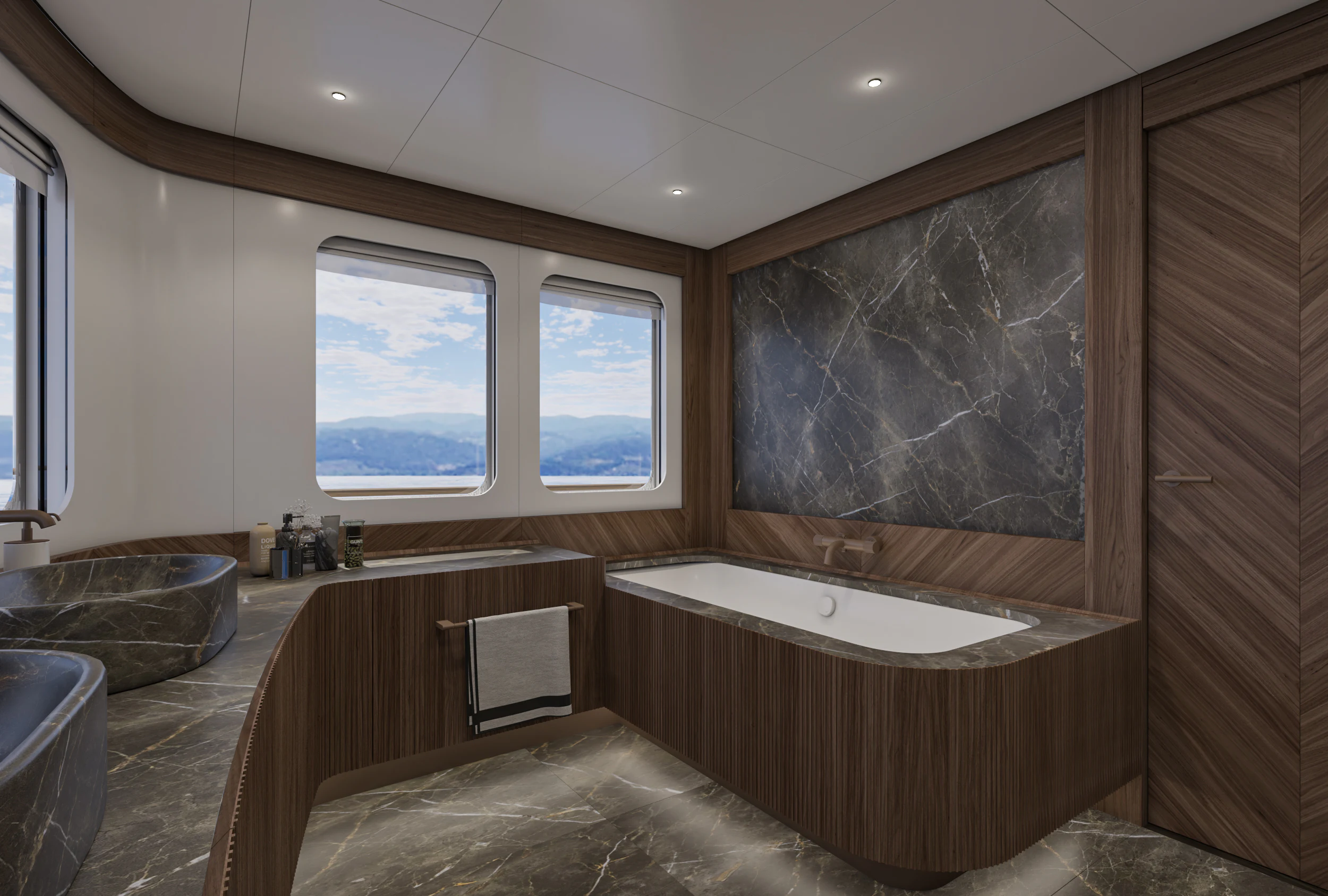 a bathroom with a tub and a sink aboard NUMARINE 39MXPC Yacht for Sale