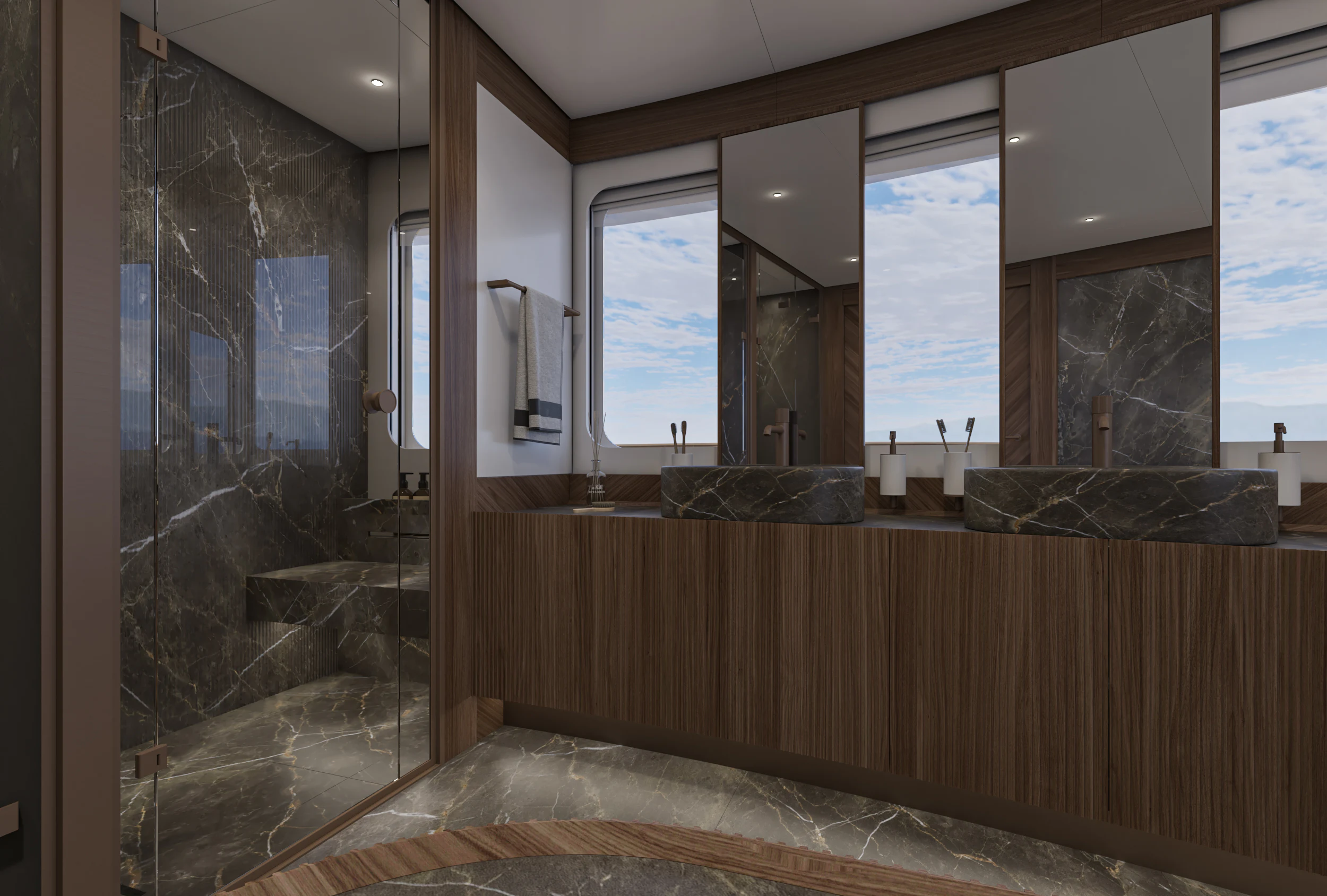 a bathroom with a glass shower aboard NUMARINE 39MXPC Yacht for Sale