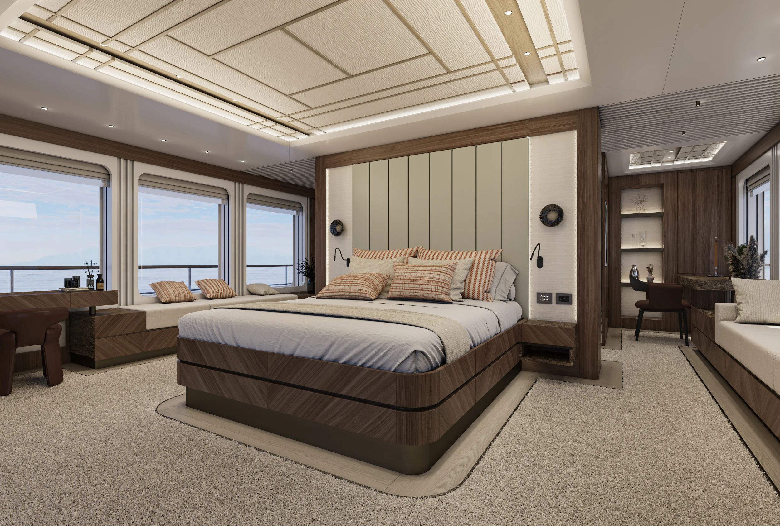 a large bedroom with a large bed aboard NUMARINE 39MXPC Yacht for Sale
