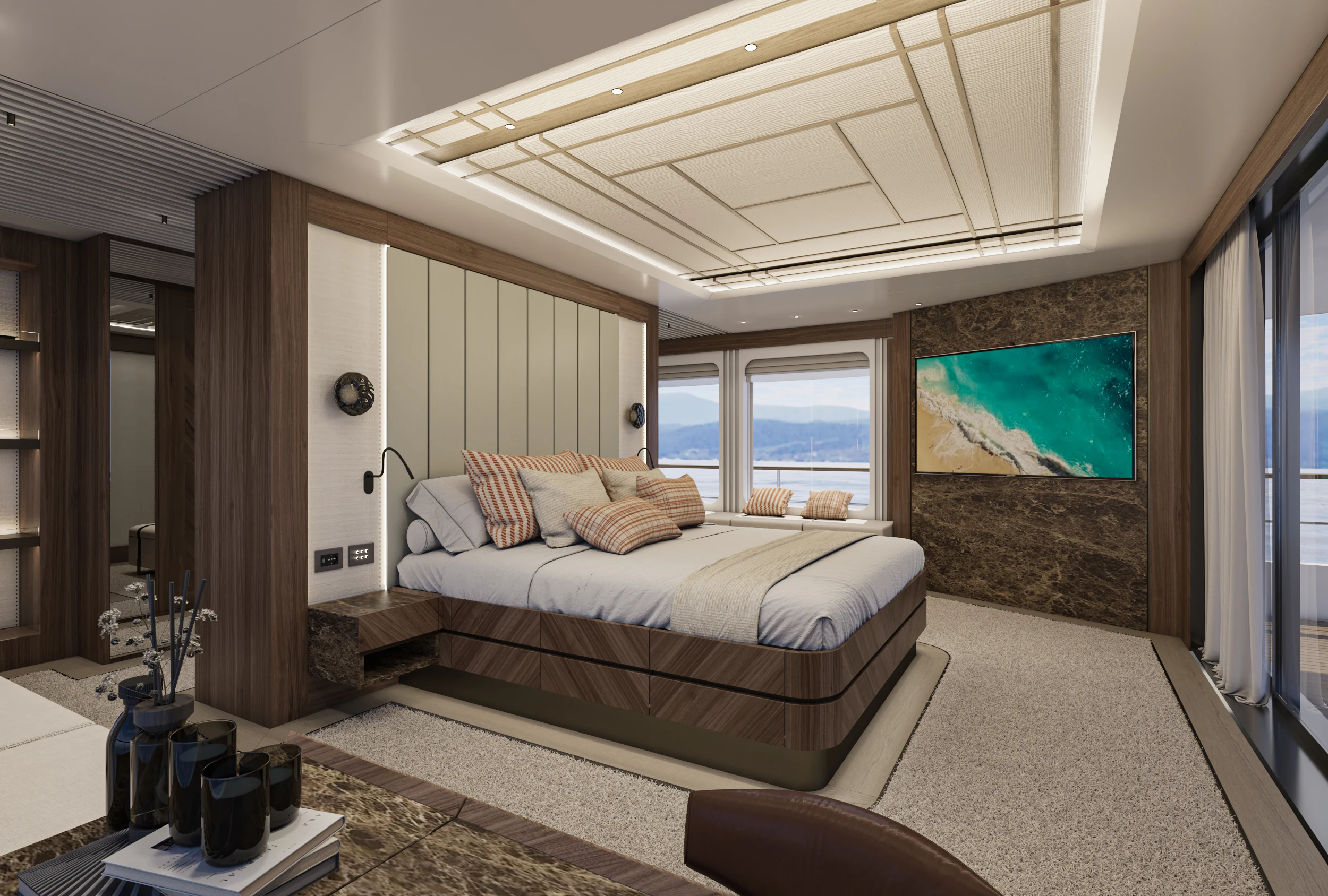 a bedroom with a large bed aboard NUMARINE 39MXPC Yacht for Sale