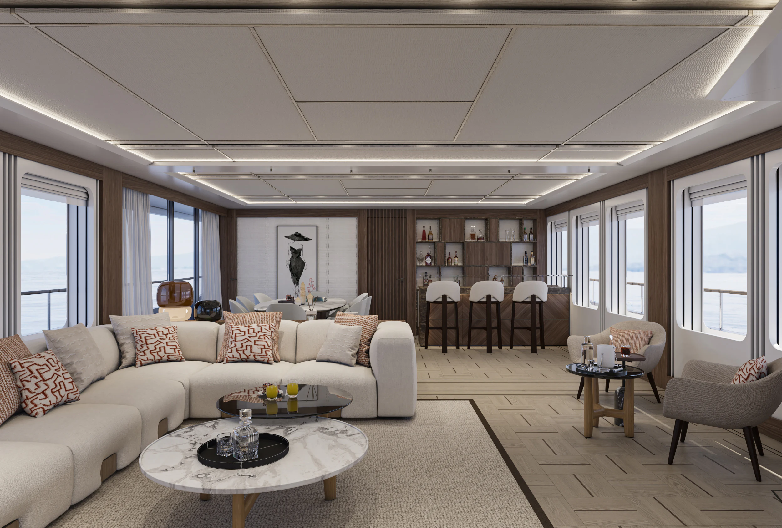 a living room with a couch and a table aboard NUMARINE 39MXPC Yacht for Sale