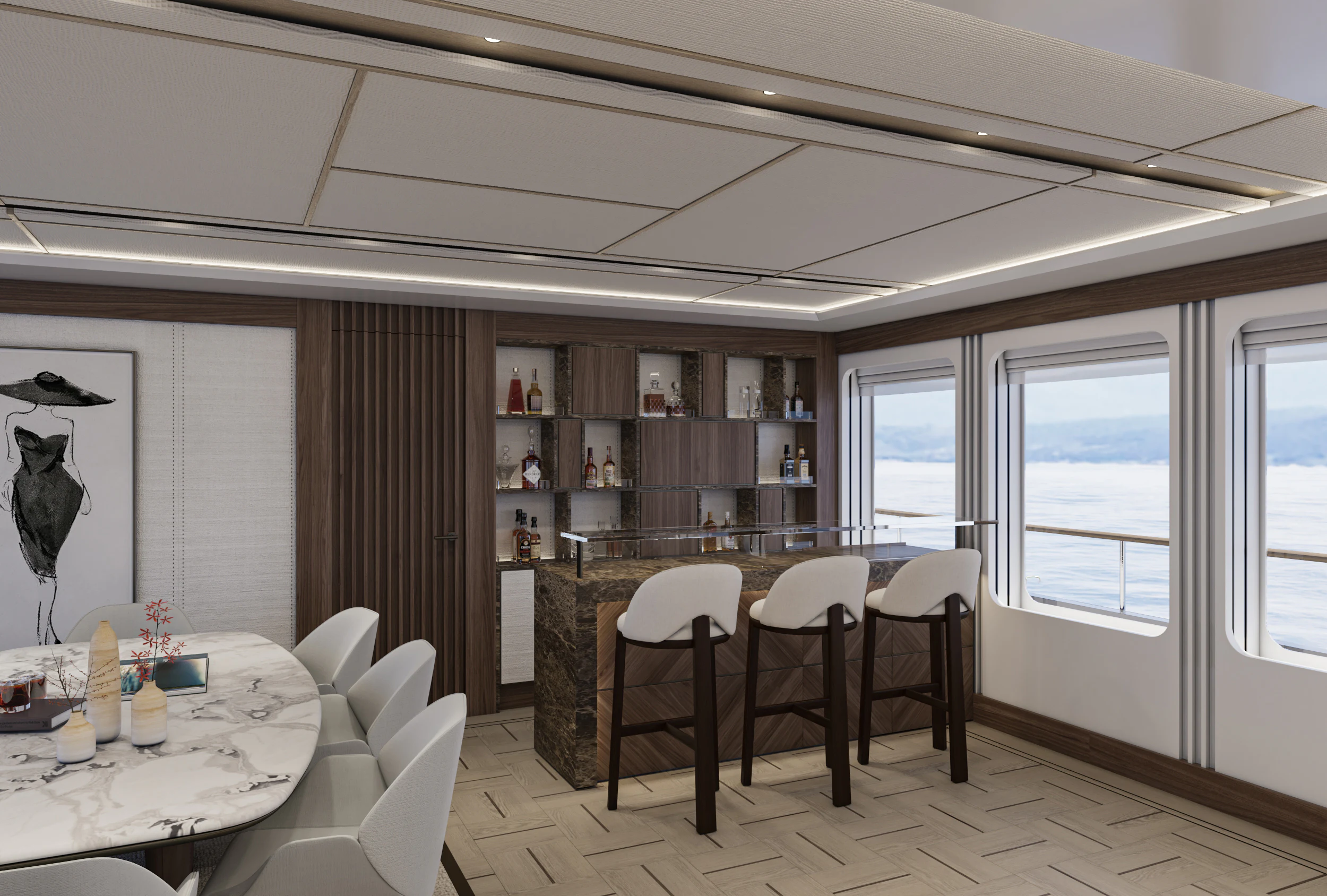a room with a table and chairs aboard NUMARINE 39MXPC Yacht for Sale