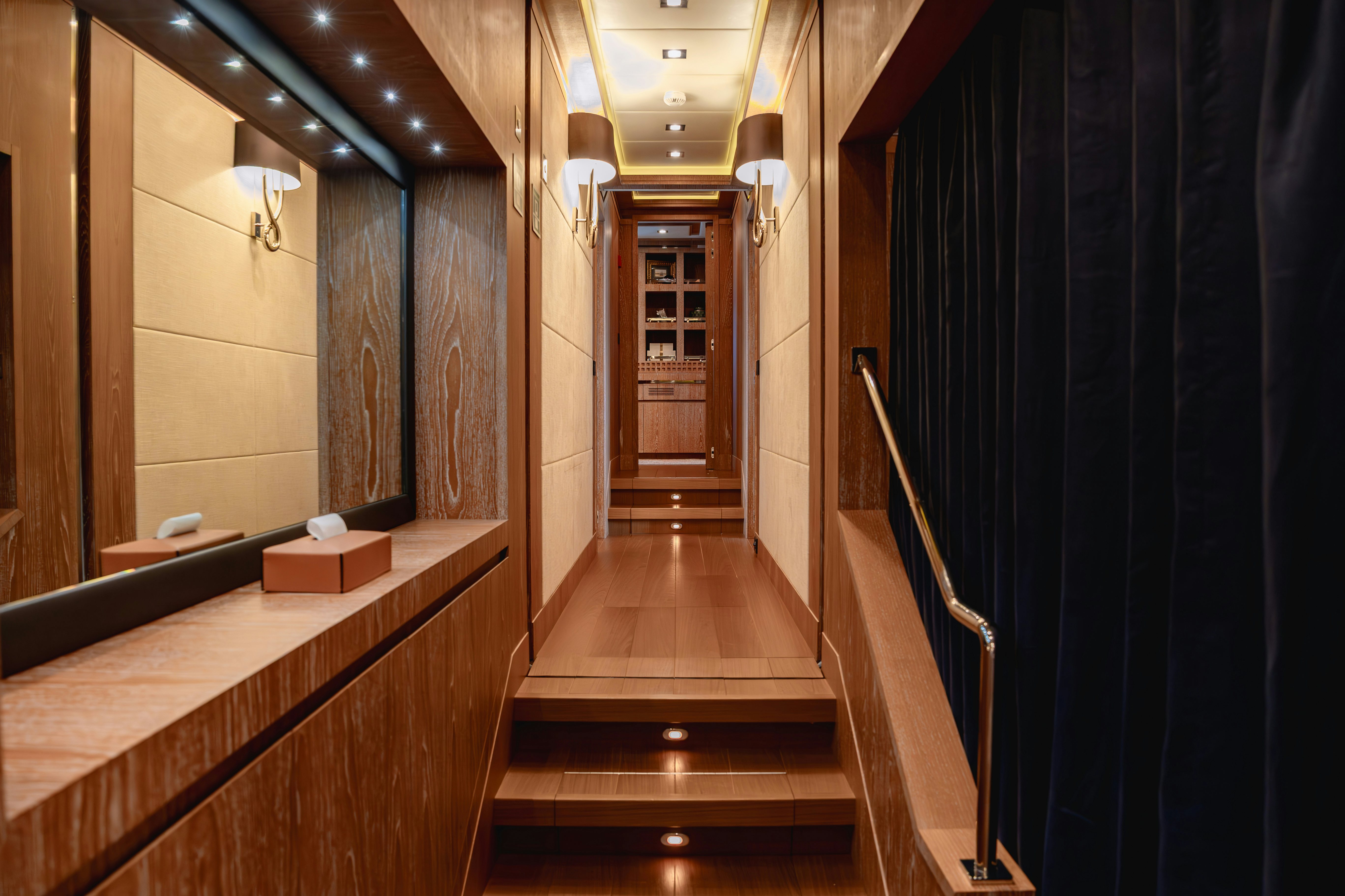 a hallway with wooden floors aboard ROYALE X Yacht for Charter