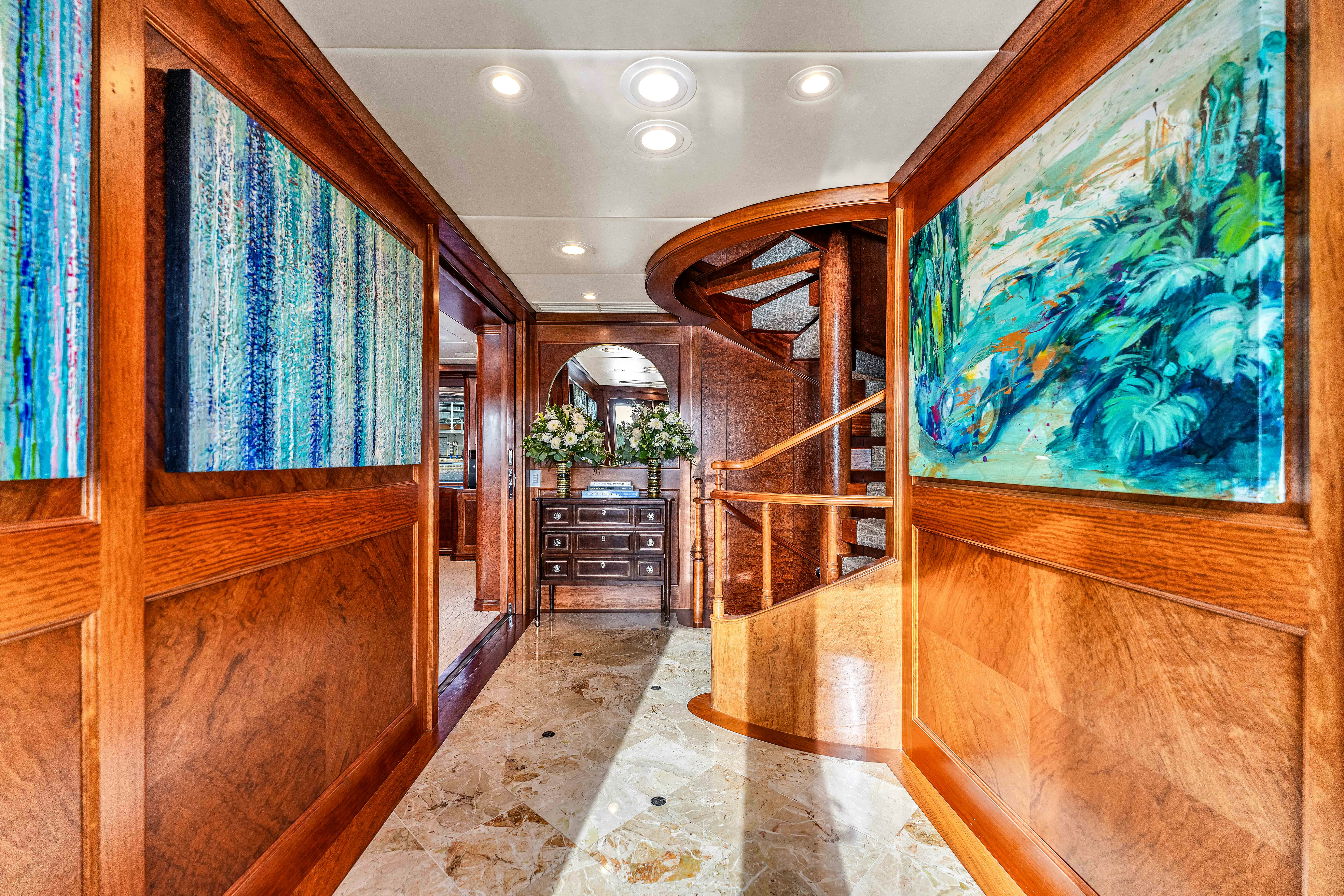 a room with wood walls and wood floors and a staircase aboard STAR DIAMOND Yacht for Charter