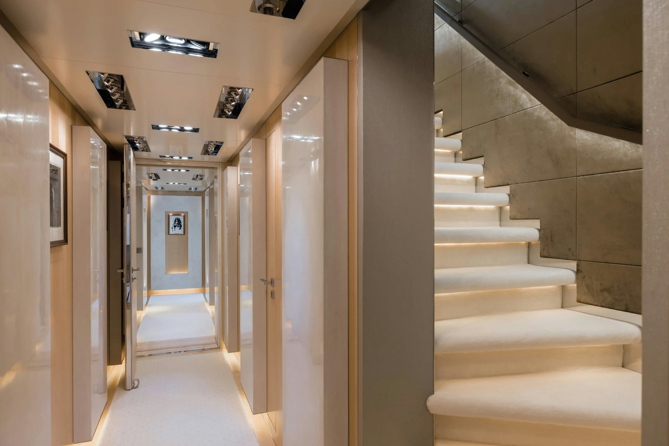 a hallway with doors aboard LOON Yacht for Charter