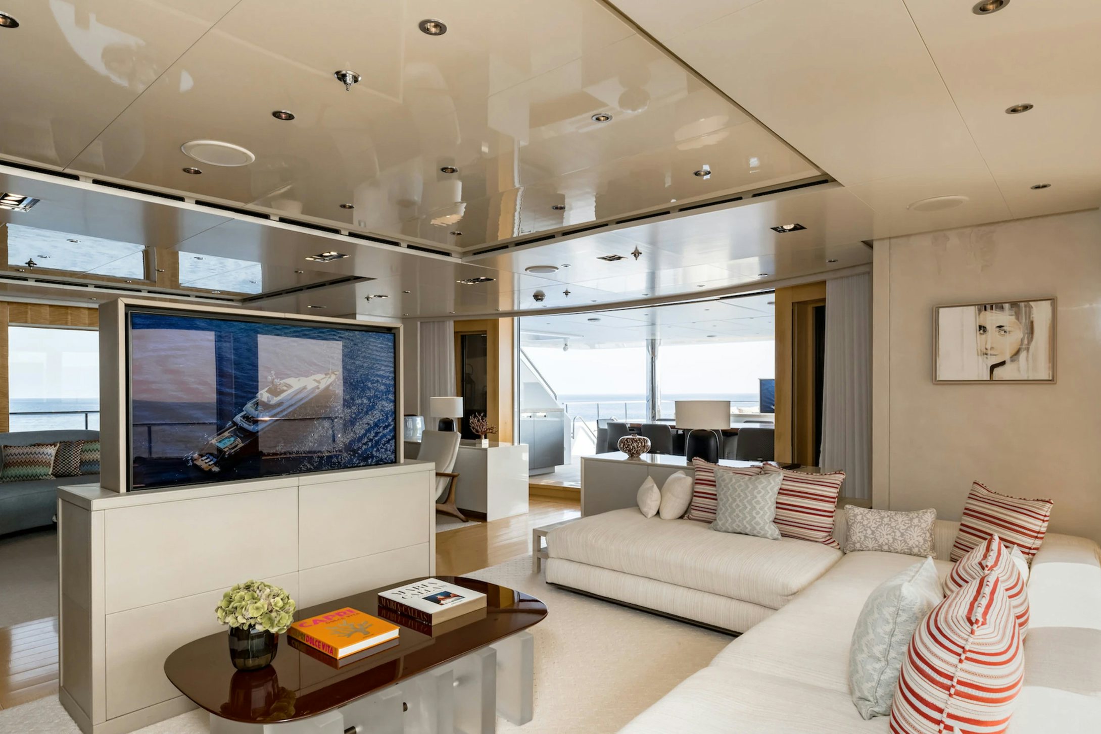 a living room with a large screen aboard LOON Yacht for Charter
