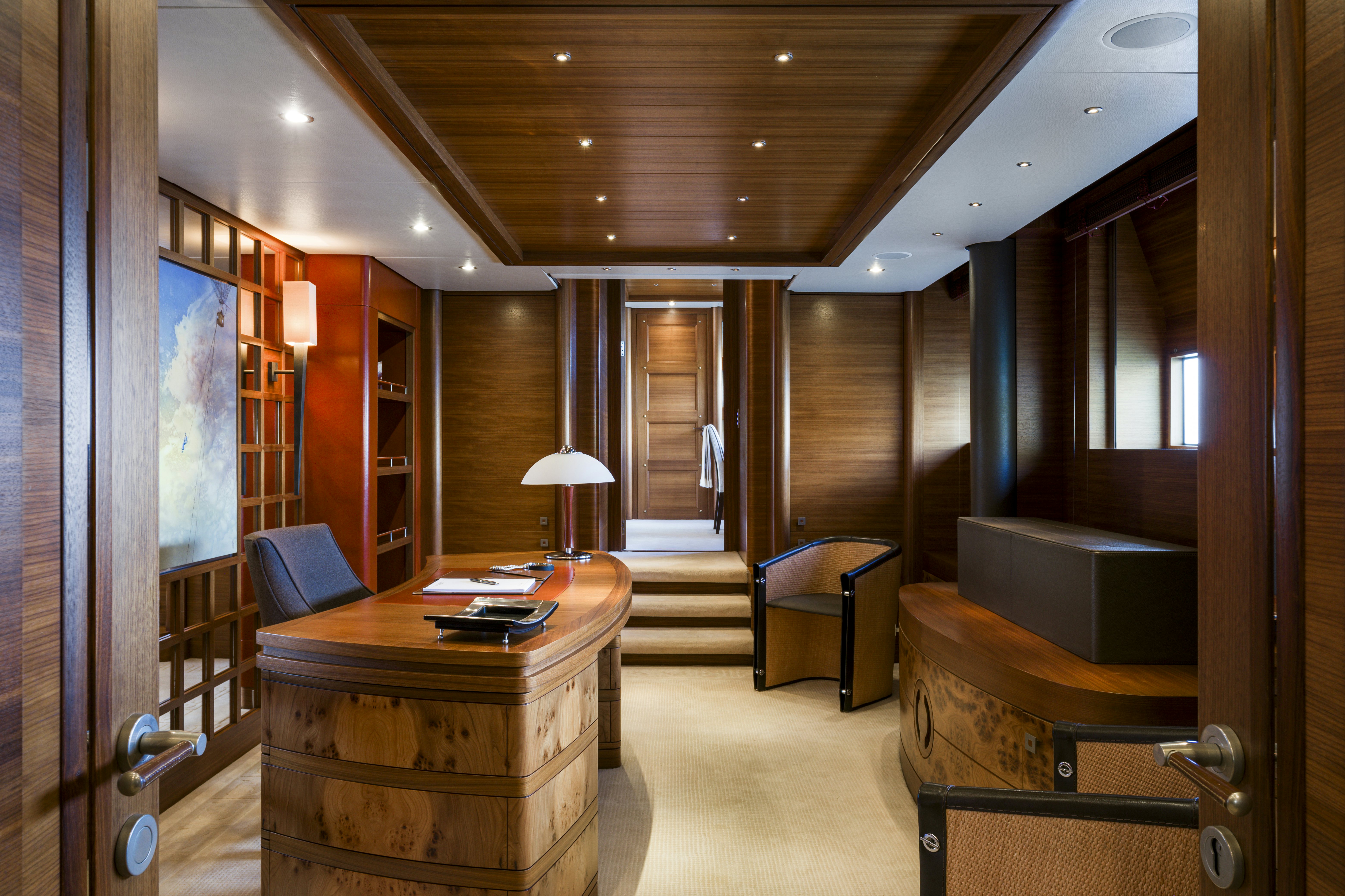 a room with a desk and a tv aboard BALISTA Yacht for Sale