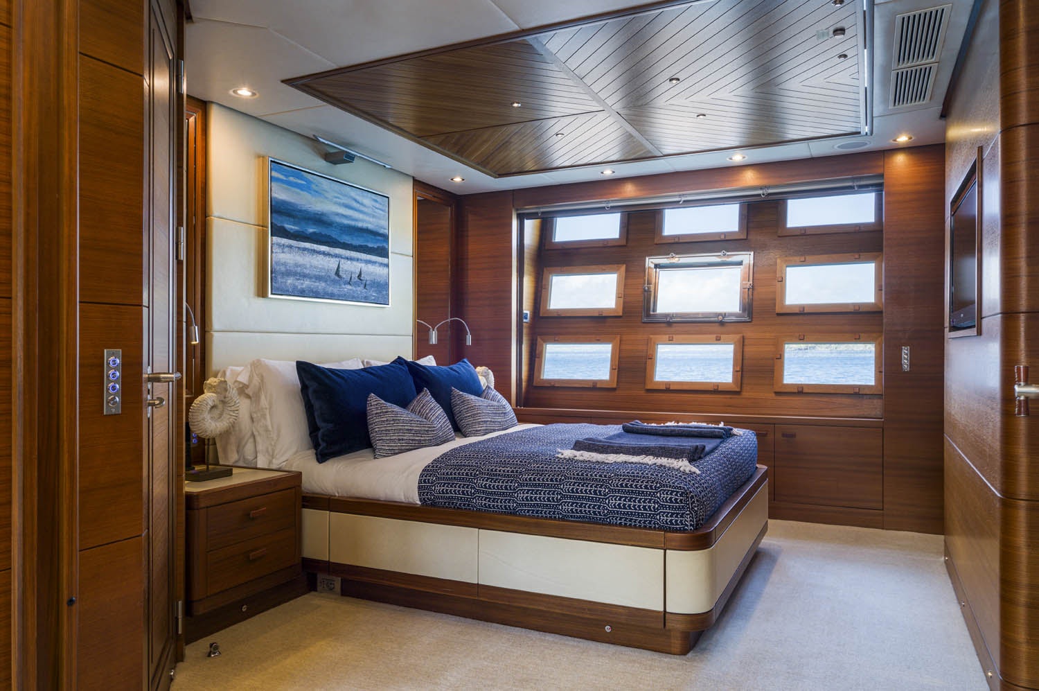 a bed in a room aboard BALISTA Yacht for Charter