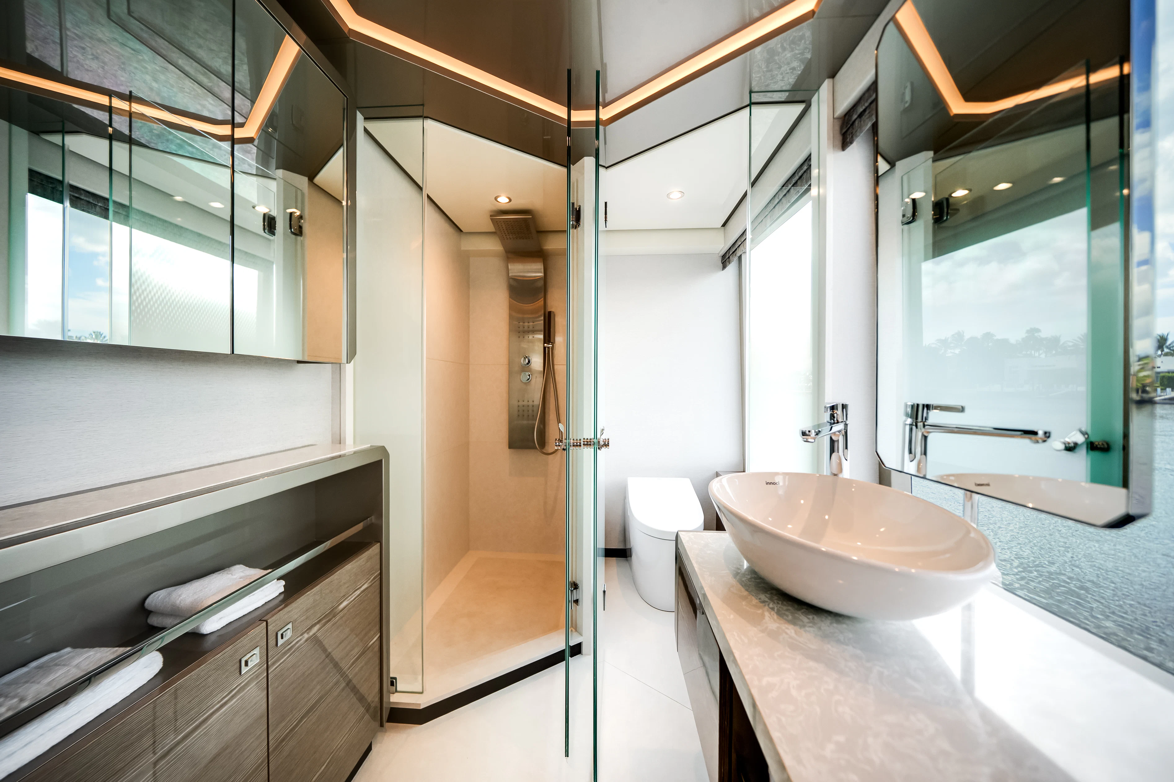 a bathroom with a large mirror aboard STILL WATERS Yacht for Sale