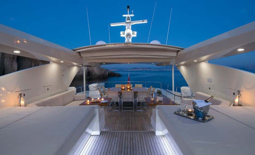 a deck of a ship with a drone flying over it aboard RINI V Yacht for Charter
