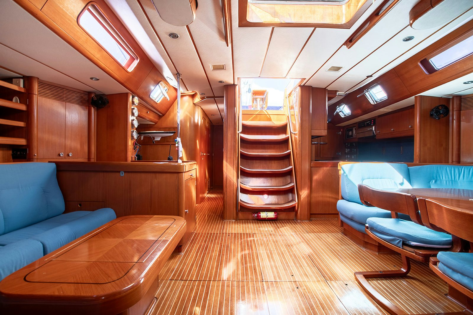 a cabin with a staircase aboard DAG Yacht for Sale