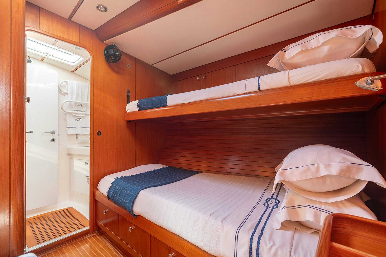 beds in a room aboard DAG Yacht for Sale